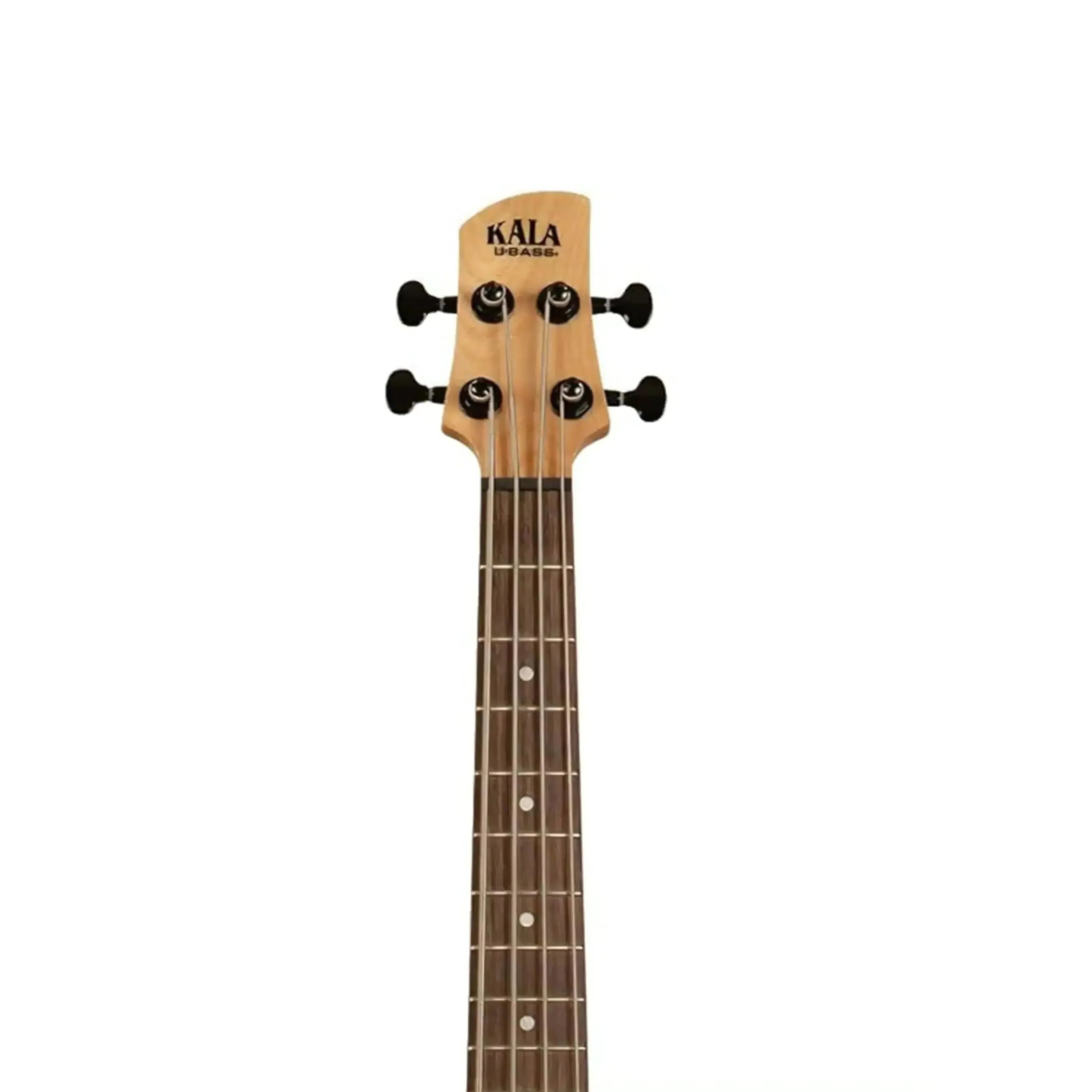 Kala U•BASS headstock and maple neck with laurel fingerboard, black tuners, and logo.