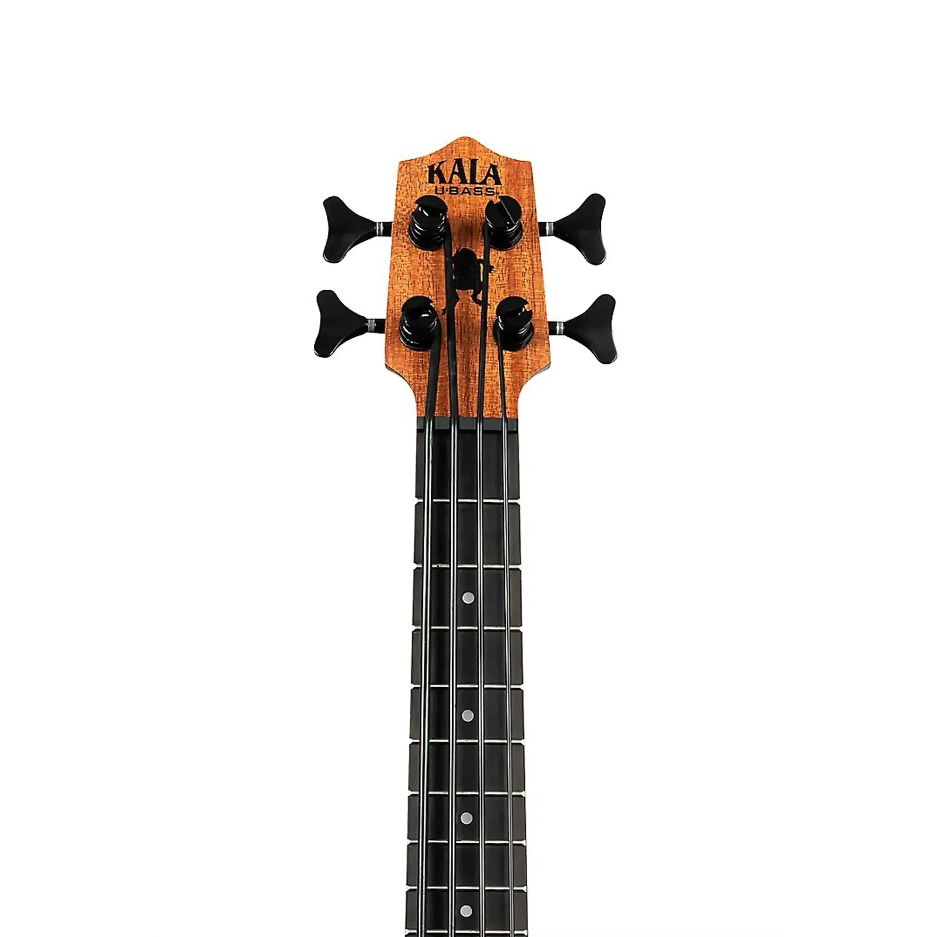 Kala U•BASS Scout mahogany headstock and fretboard with black tuners and frets.