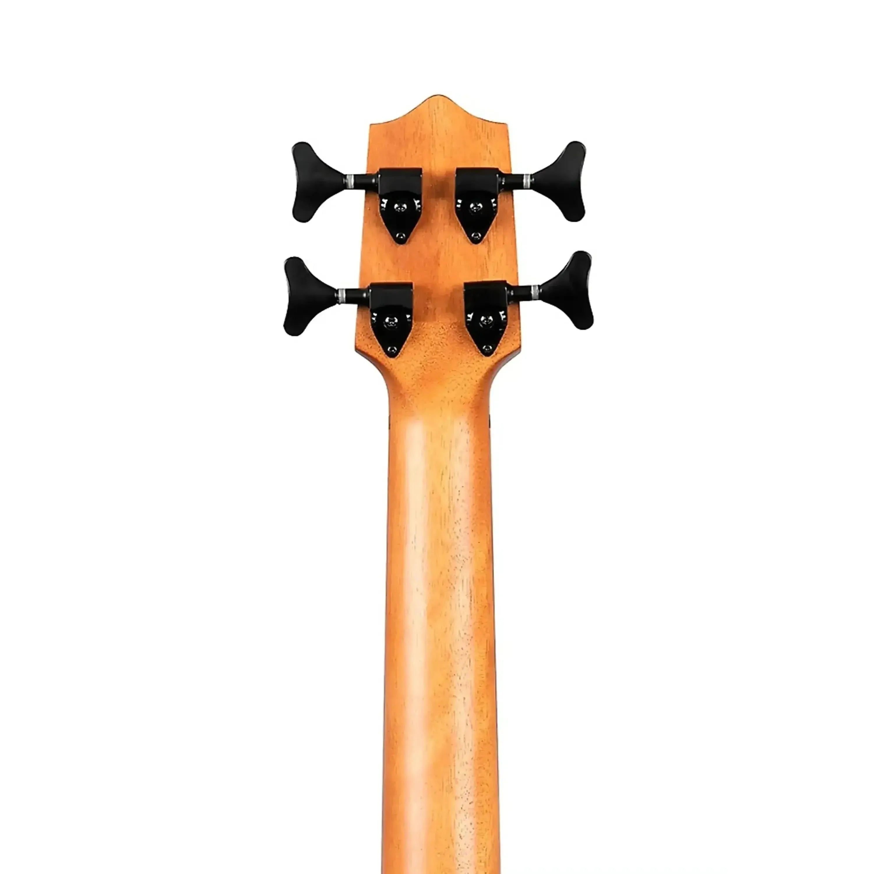 Back of Kala Scout U•BASS headstock and mahogany neck with four black tuning pegs.