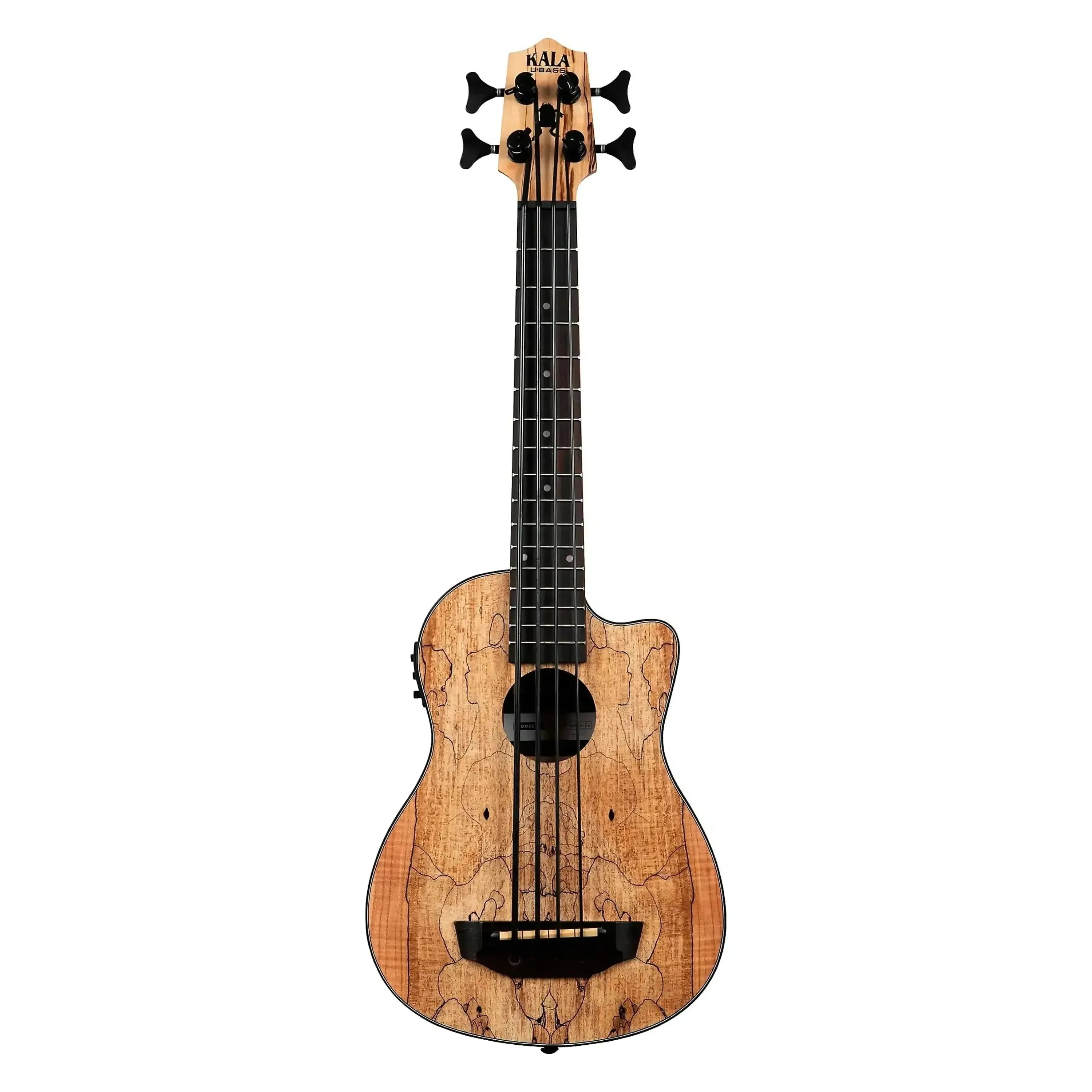 Kala Spalted Maple Fretted Acoustic-Electric U•BASS with Venetian cutaway and black tuners.