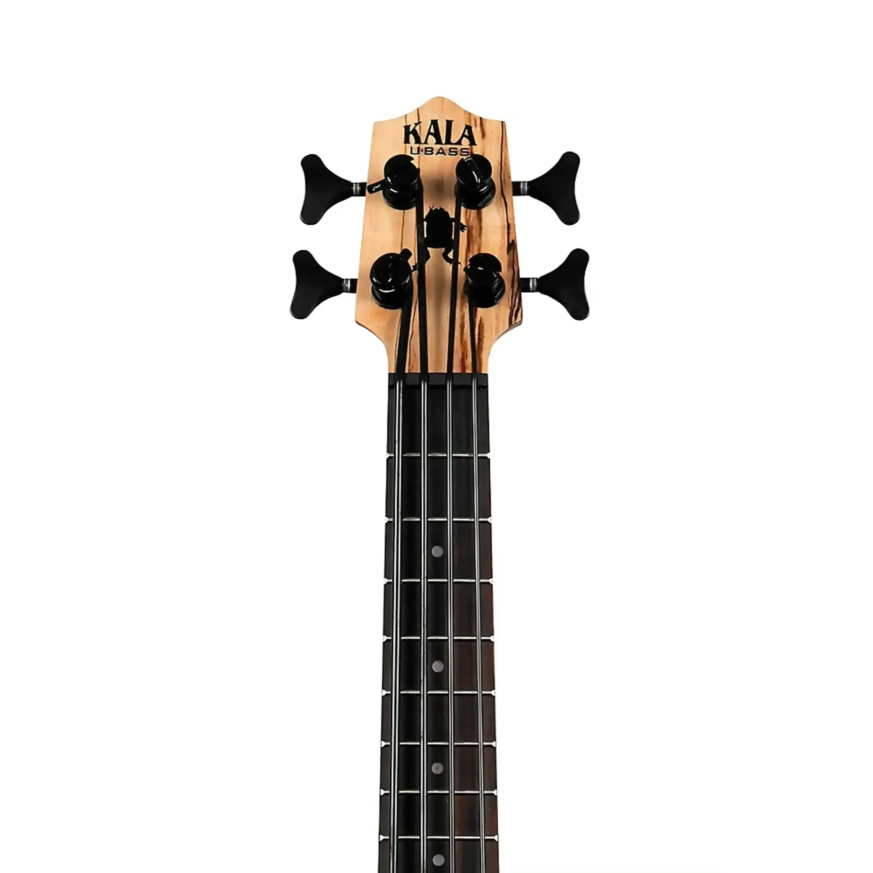 Kala U•BASS headstock with spalted maple wood grain, black tuners, and rosewood fretboard.