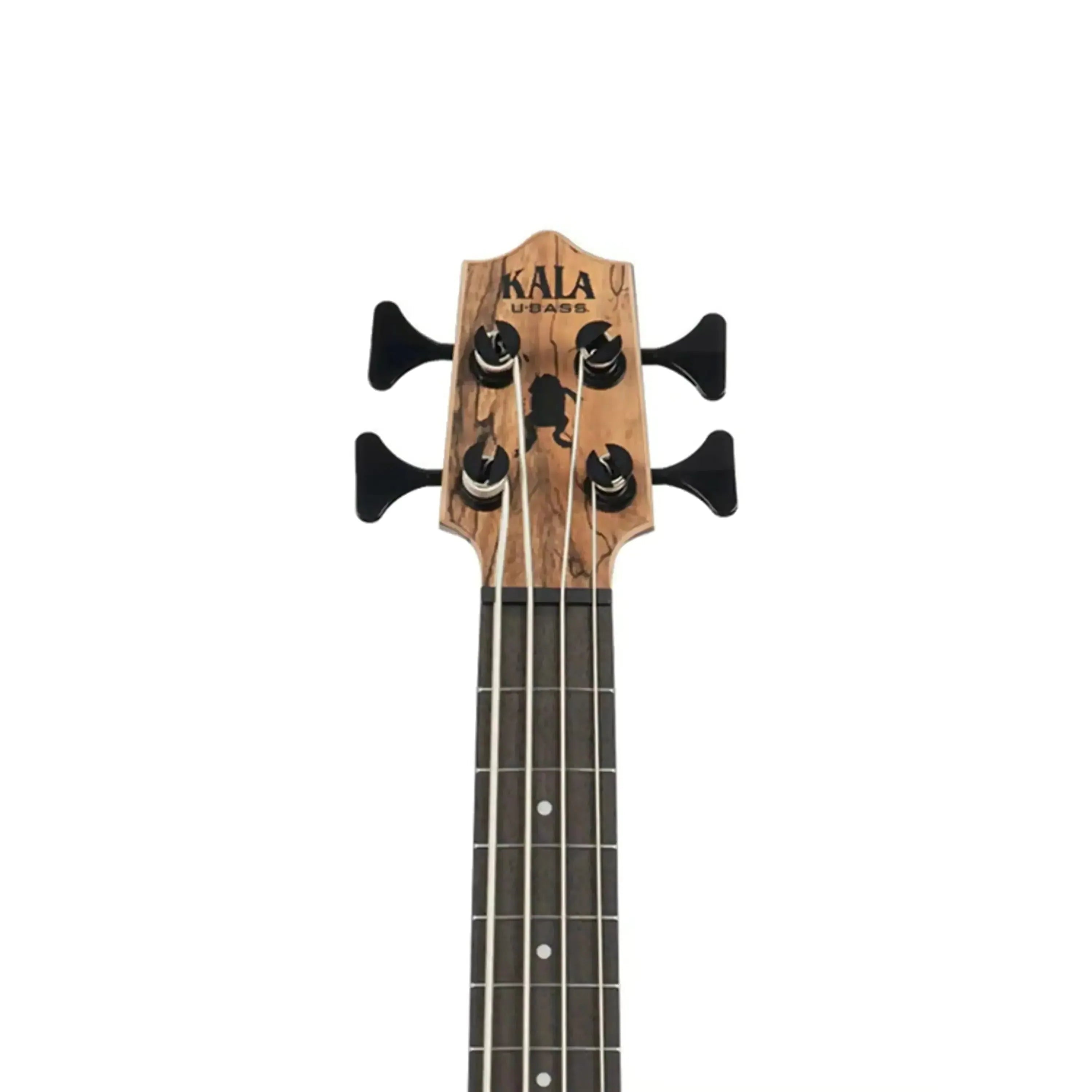 Kala Spalted Mango U•BASS headstock with black tuning pegs and dark fretboard.