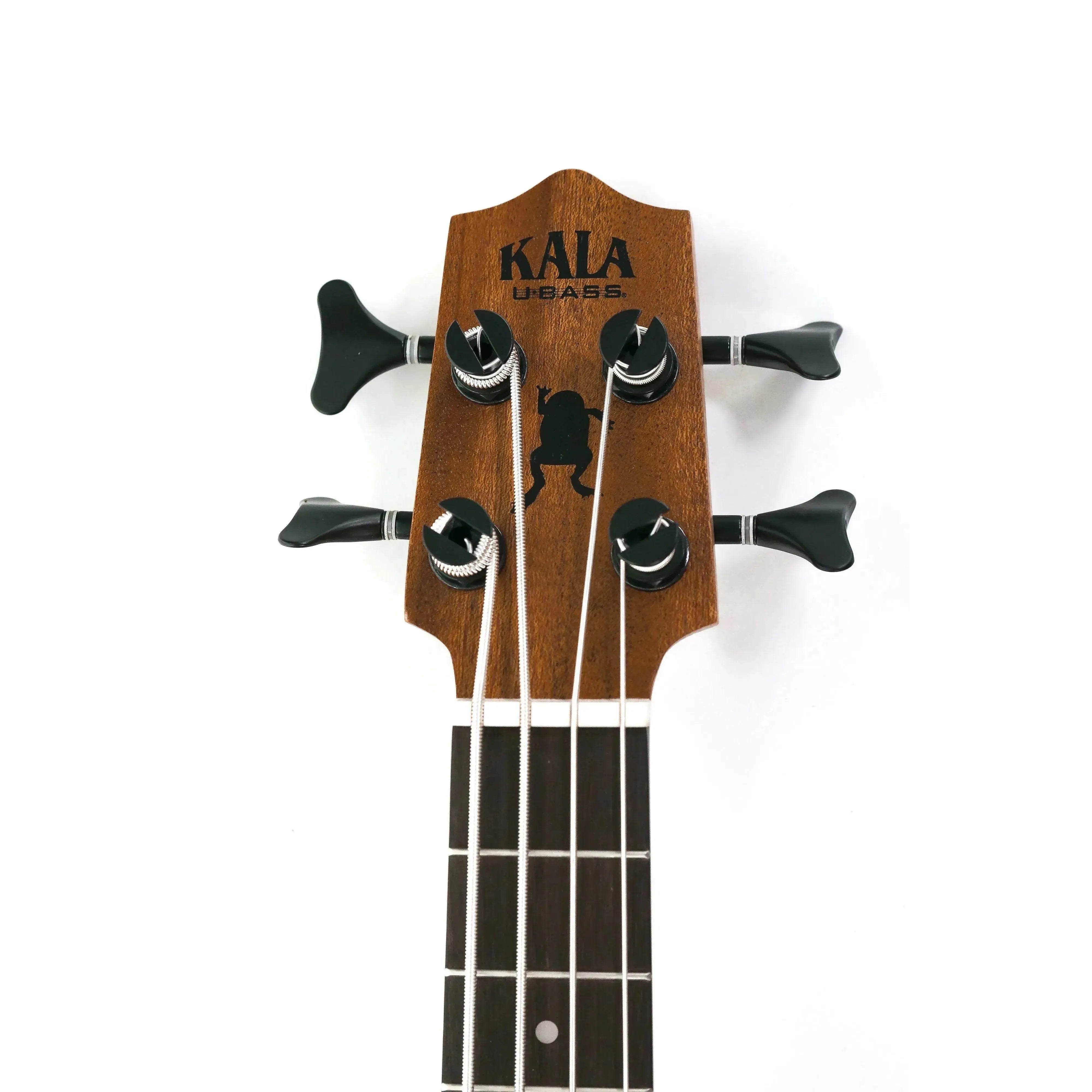 Kala U•BASS mahogany headstock with black die-cast tuners and frog logo.