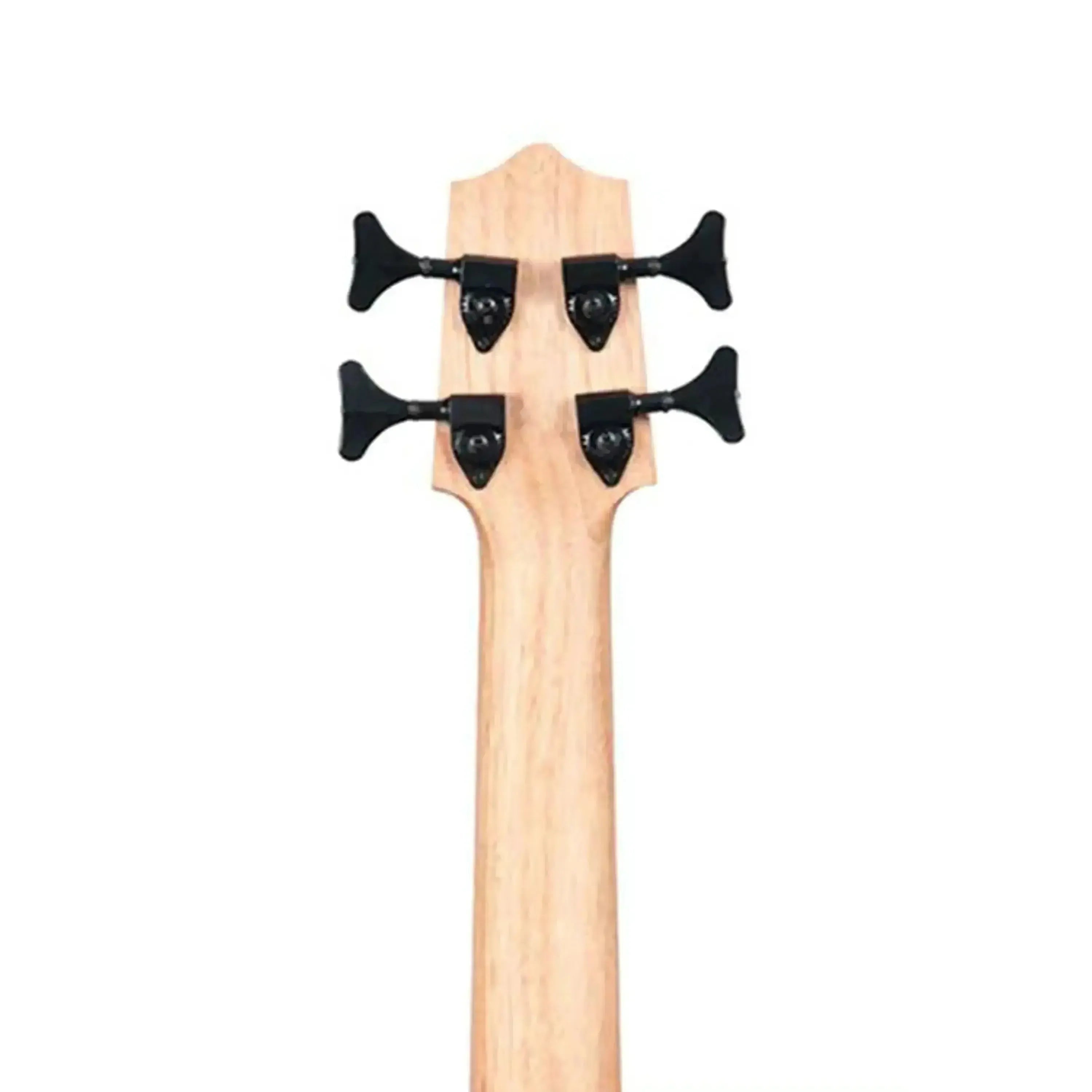 Kala U•BASS mahogany neck and headstock with four black tuners.