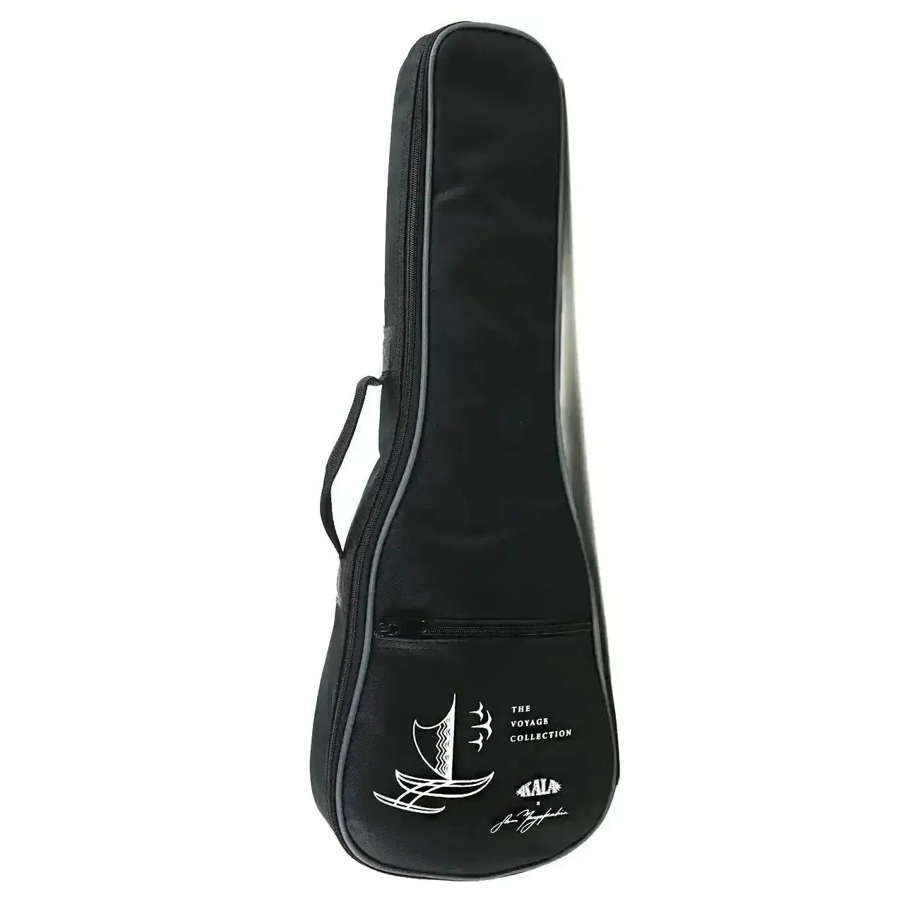 Black Kala ukulele gig bag with "The Voyage Collection" sailboat logo.
