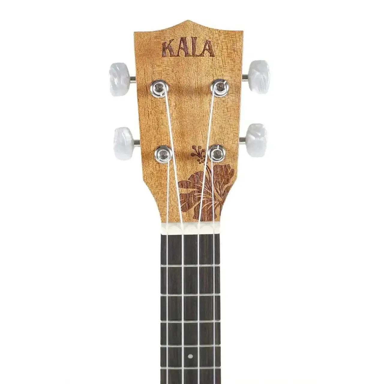 Kala Unity Mahogany Concert Ukulele headstock with engraved logo and hibiscus design, white tuners, and dark fretboard.