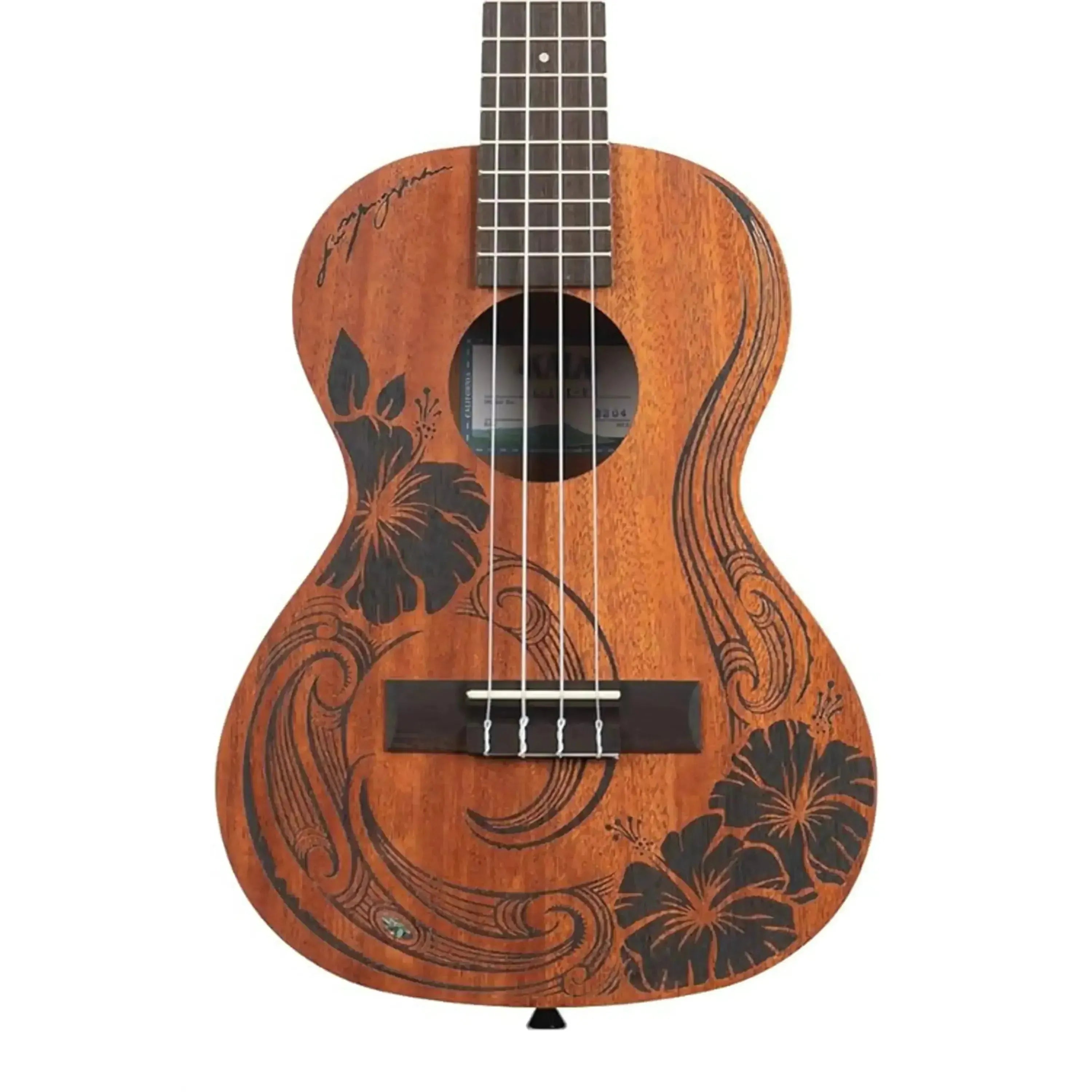 Kala UNITY-T Tenor Ukulele with mahogany body and black hibiscus floral and wave design.