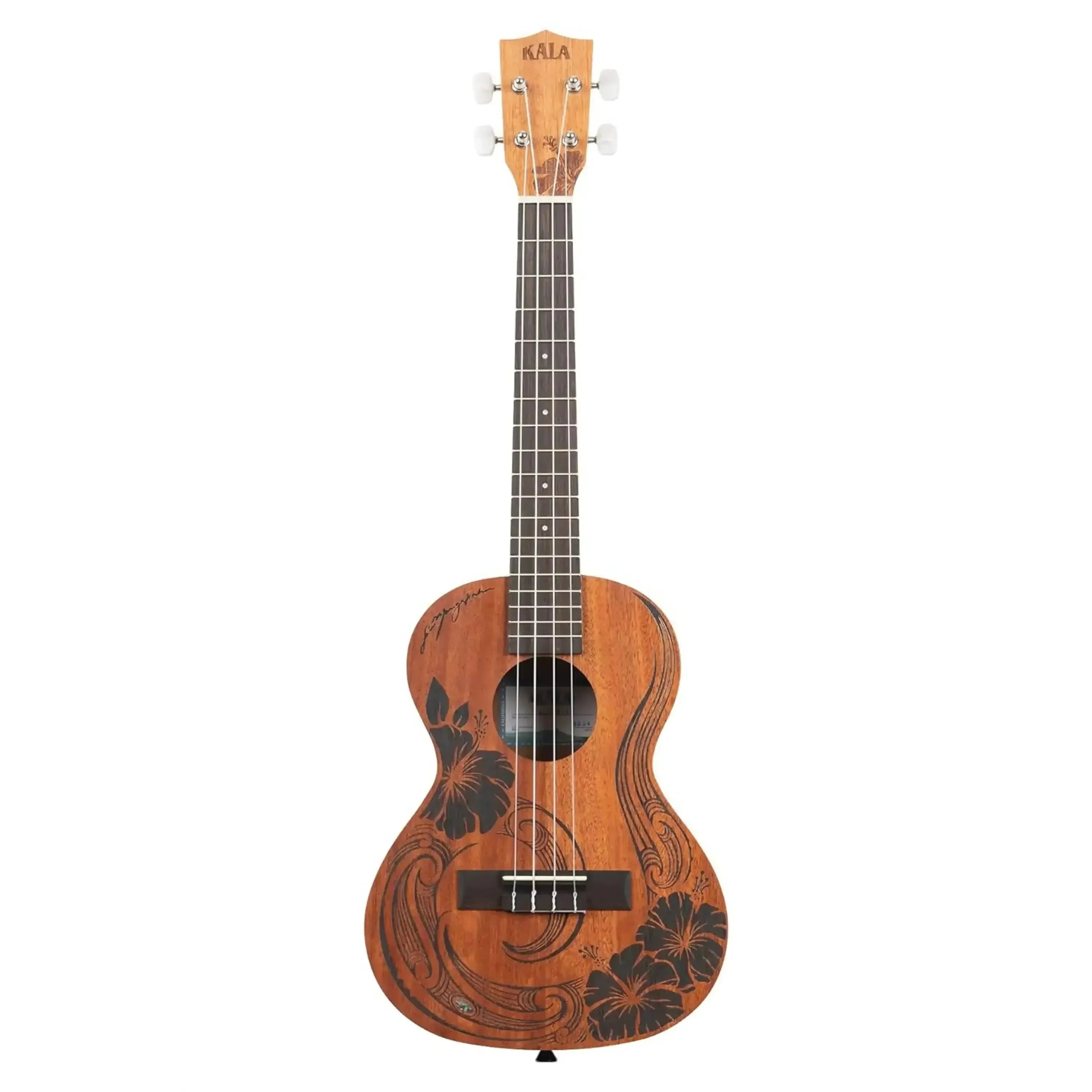 Kala Unity Tenor Ukulele with mahogany body and black hibiscus floral design.