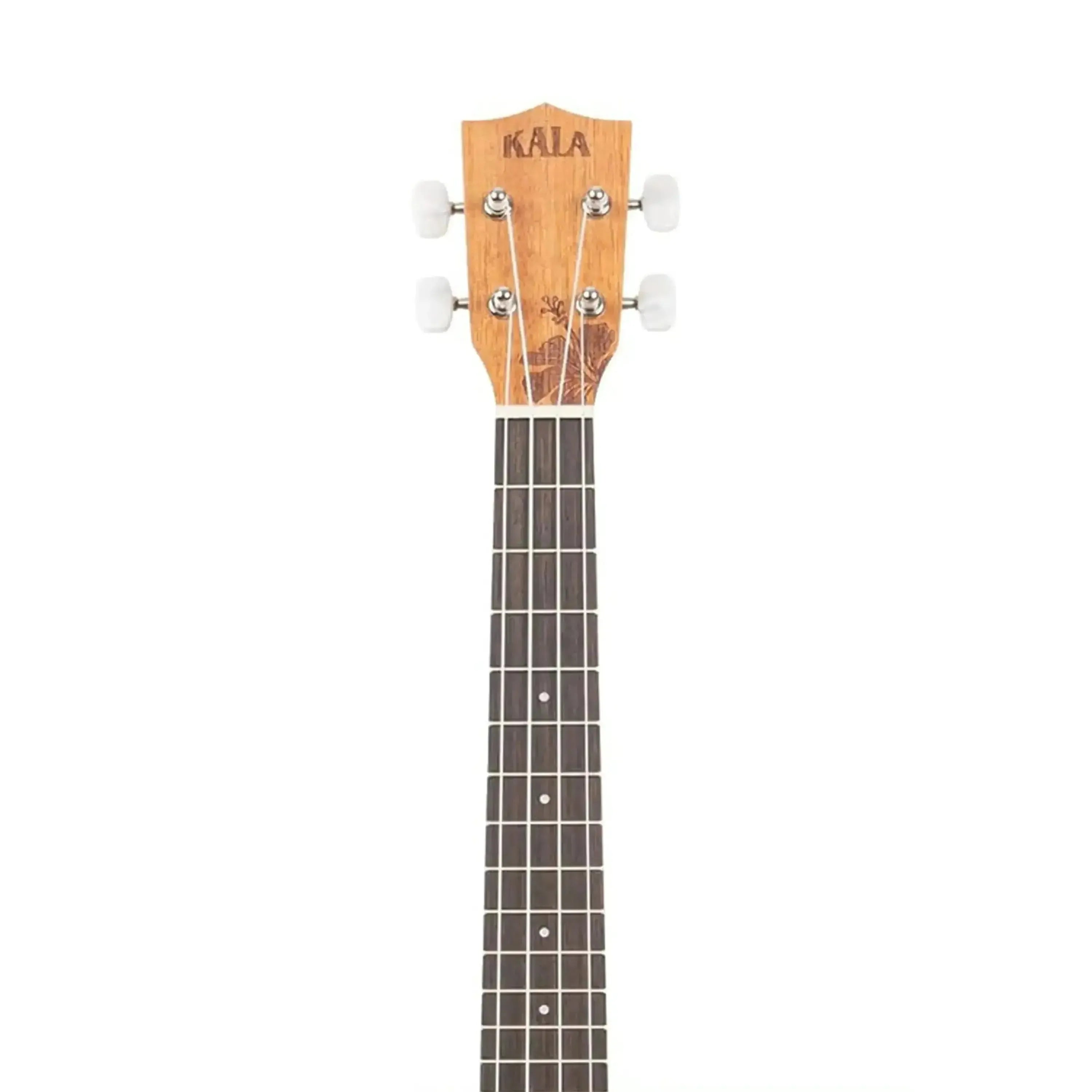 Kala Unity Mahogany Tenor Ukulele headstock and fretboard with white tuners and intricate carving.