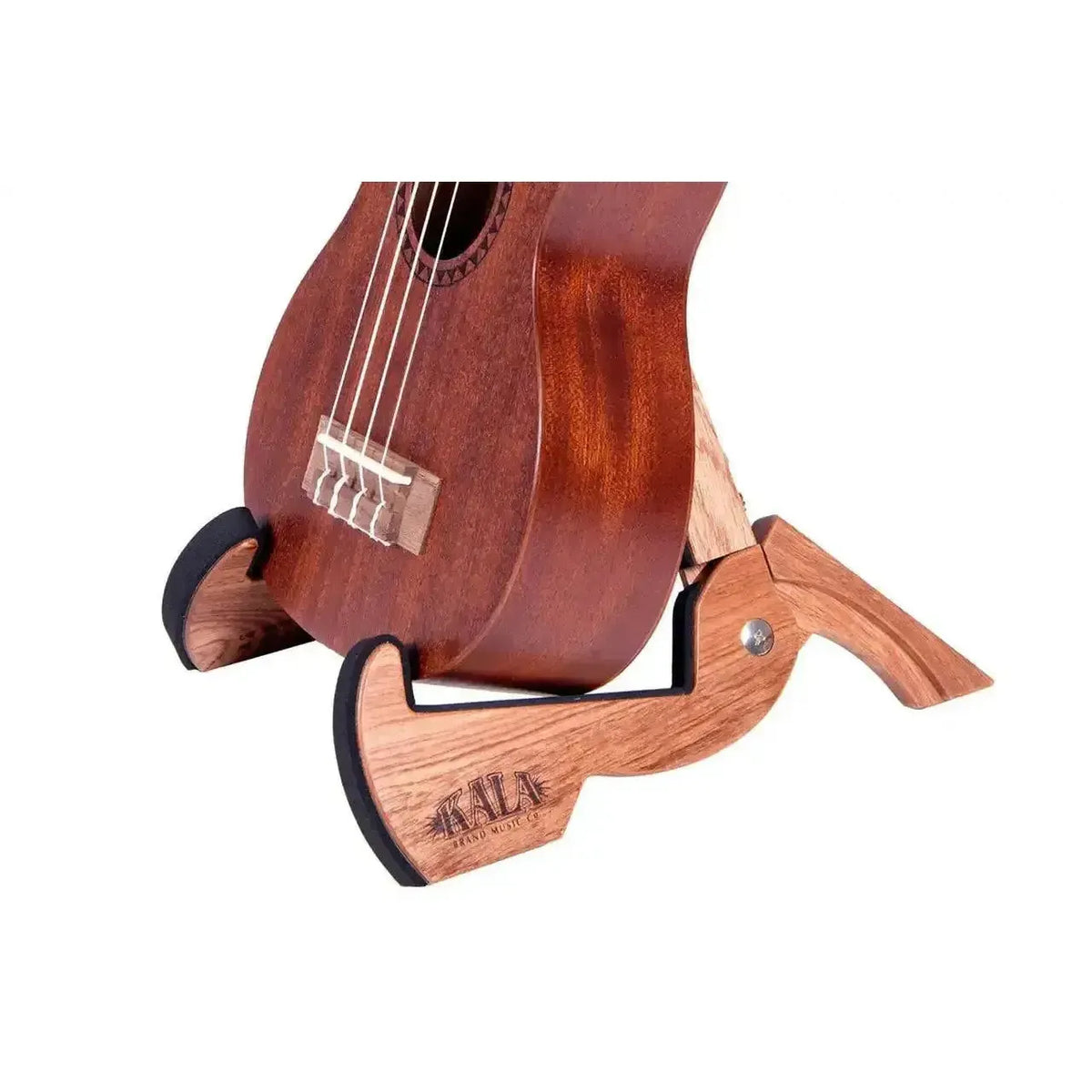 Kala US-PM African Sapele fold-out instrument stand holding a ukulele, with black padding.