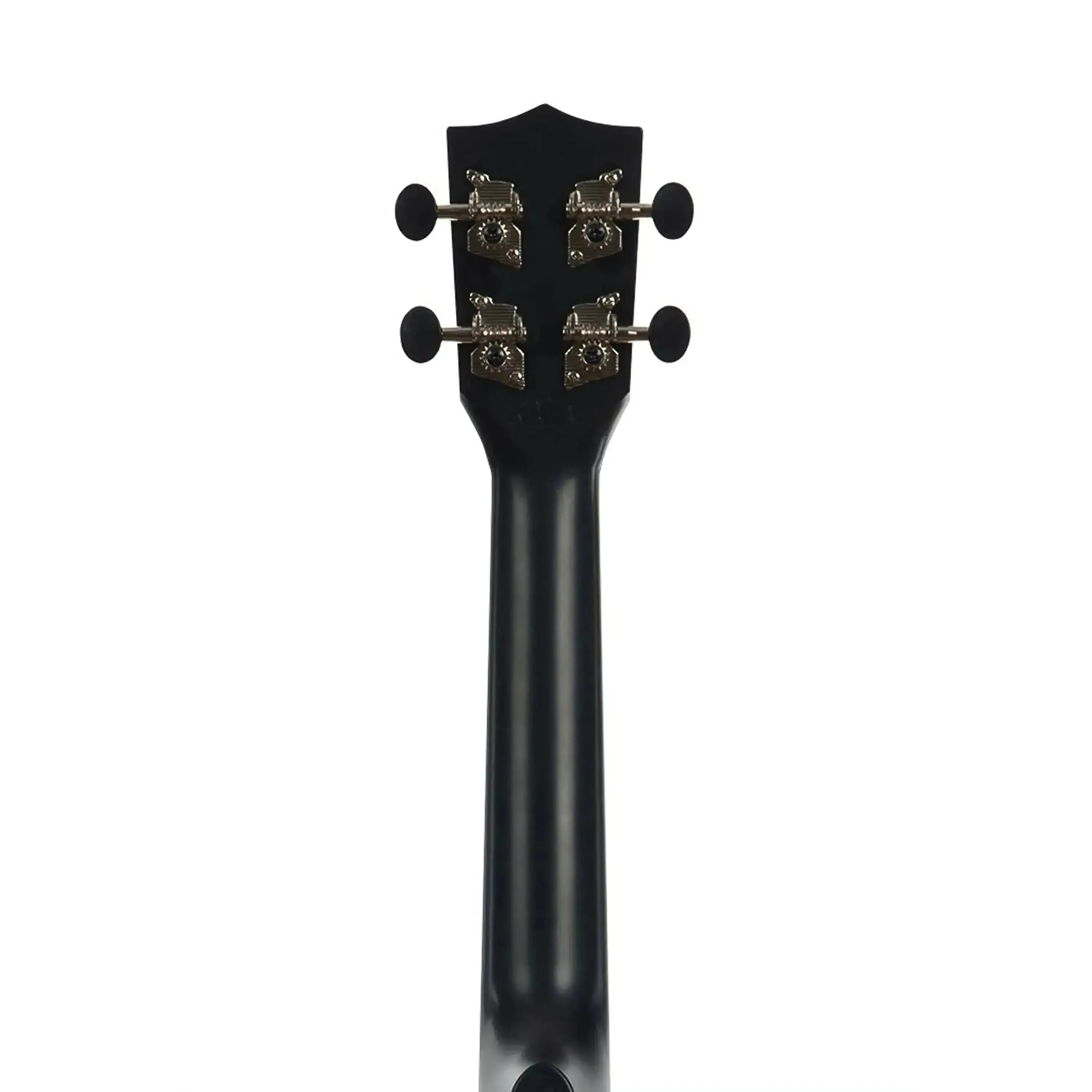 Back of Kala Waterman WMS-BK-C Black Sand Concert Ukulele headstock and neck with black tuners.