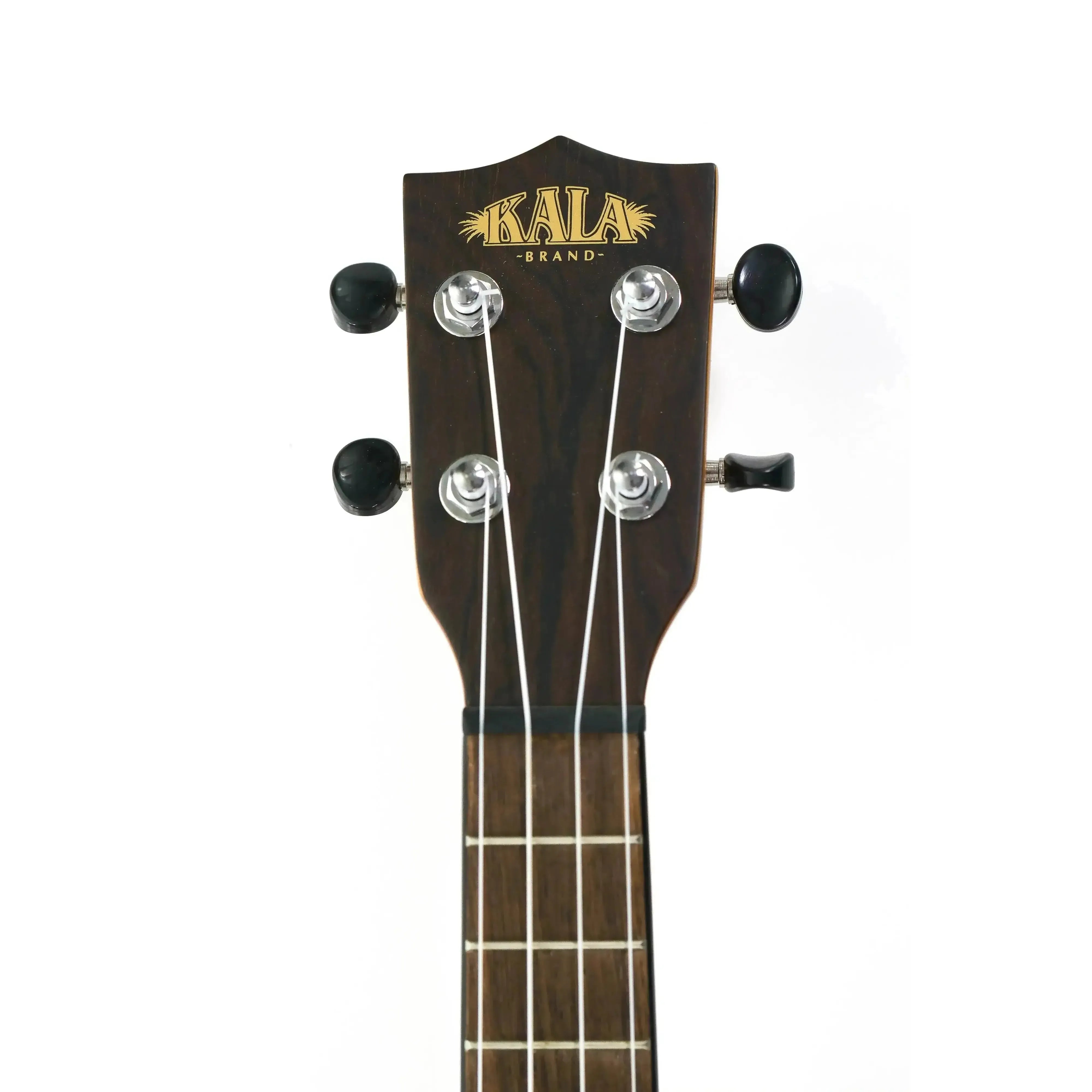 Kala Ziricote Concert Ukulele headstock with dark wood grain, gold logo, and black tuners.