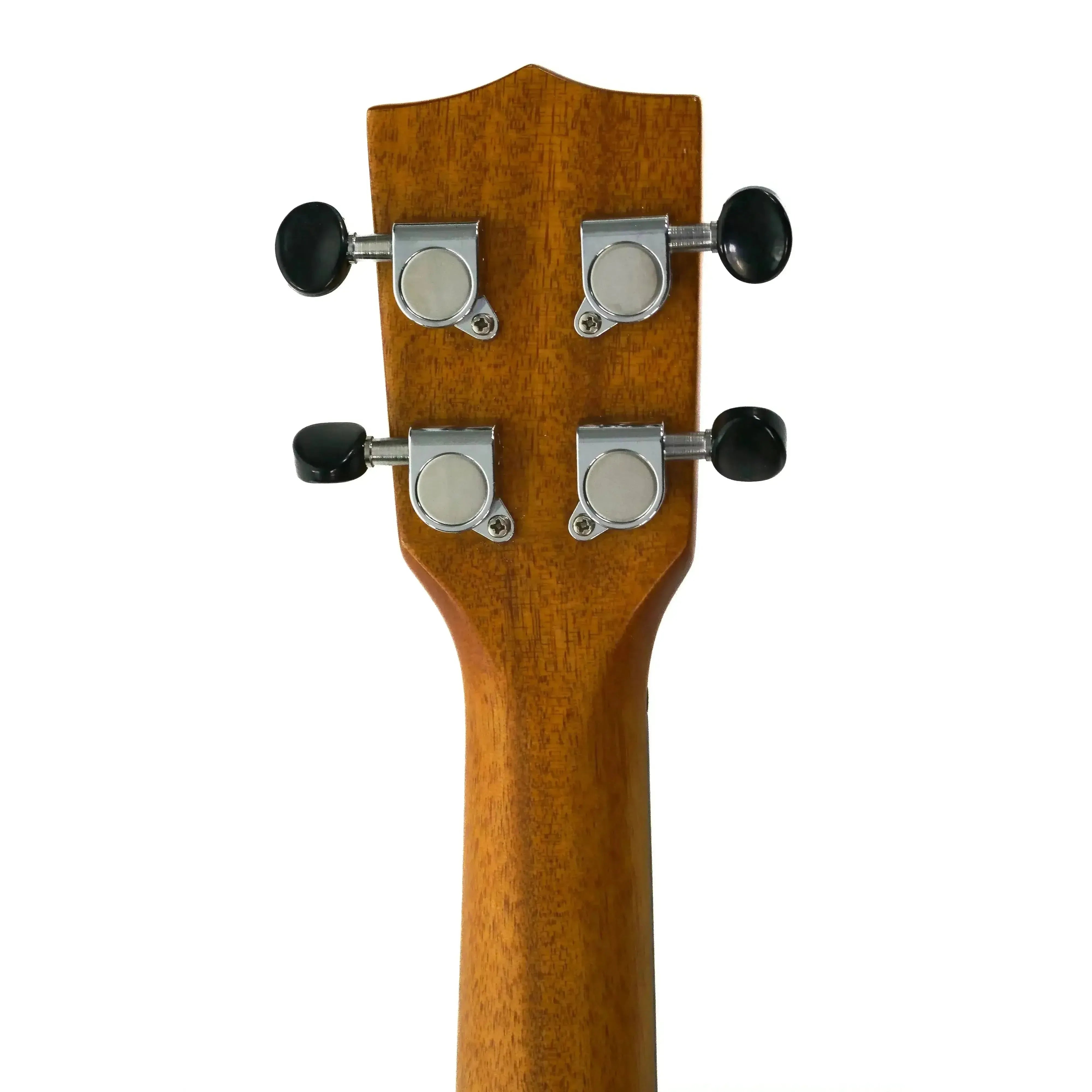 Back of Kala ZCT-T Ziricote Tenor Ukulele headstock with mahogany neck and four black tuners.