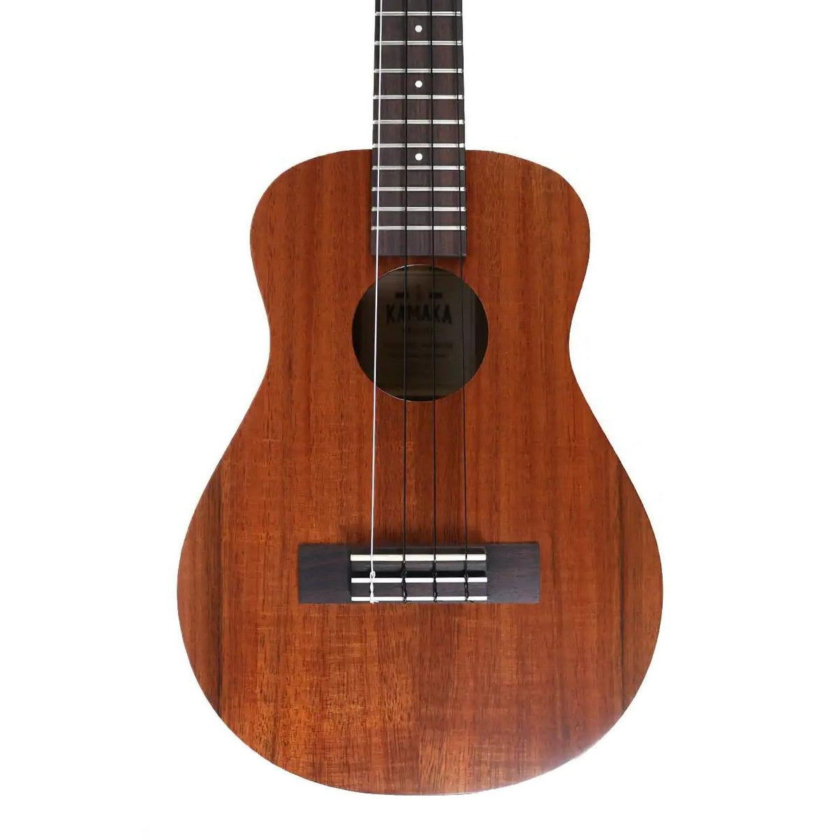 Kamaka HB-3 bell-shaped tenor ukulele body front showing the koa top, soundhole and rosewood bridge