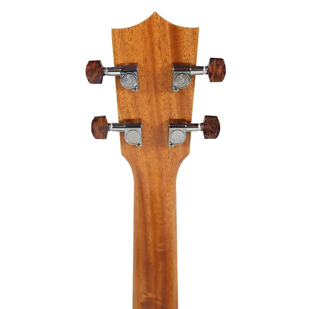 Kamaka HB-3 bell-shaped tenor ukulele headstock back showing the mahogany-colored neck and four tuners