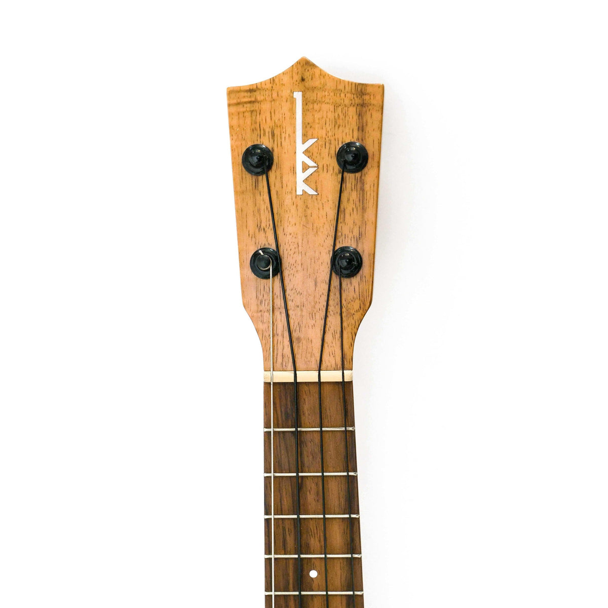 Kamaka HF-1 soprano ukulele headstock front with pearl Kamaka logo, Gotoh tuners and rosewood fretboard