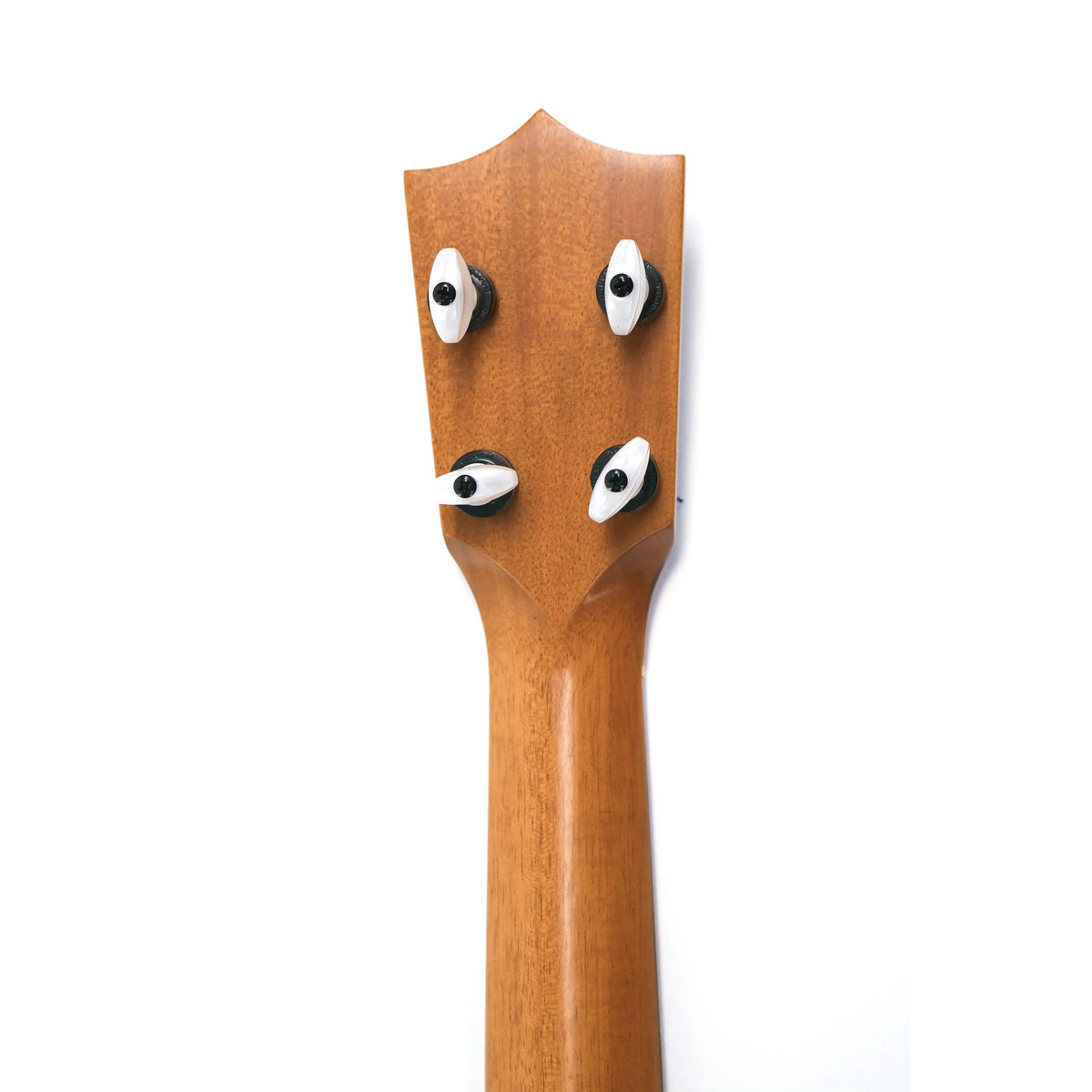 Kamaka HF-1 soprano ukulele headstock back with mahogany neck and four Gotoh tuners with ivoroid buttons