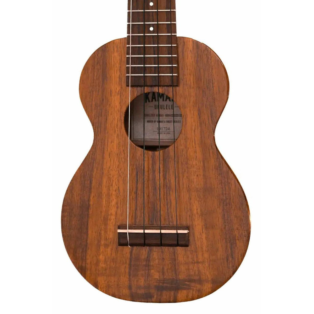 Pre-owned Kamaka HF-1 soprano ukulele body front with solid Hawaiian koa top, soundhole and bridge, headstock up