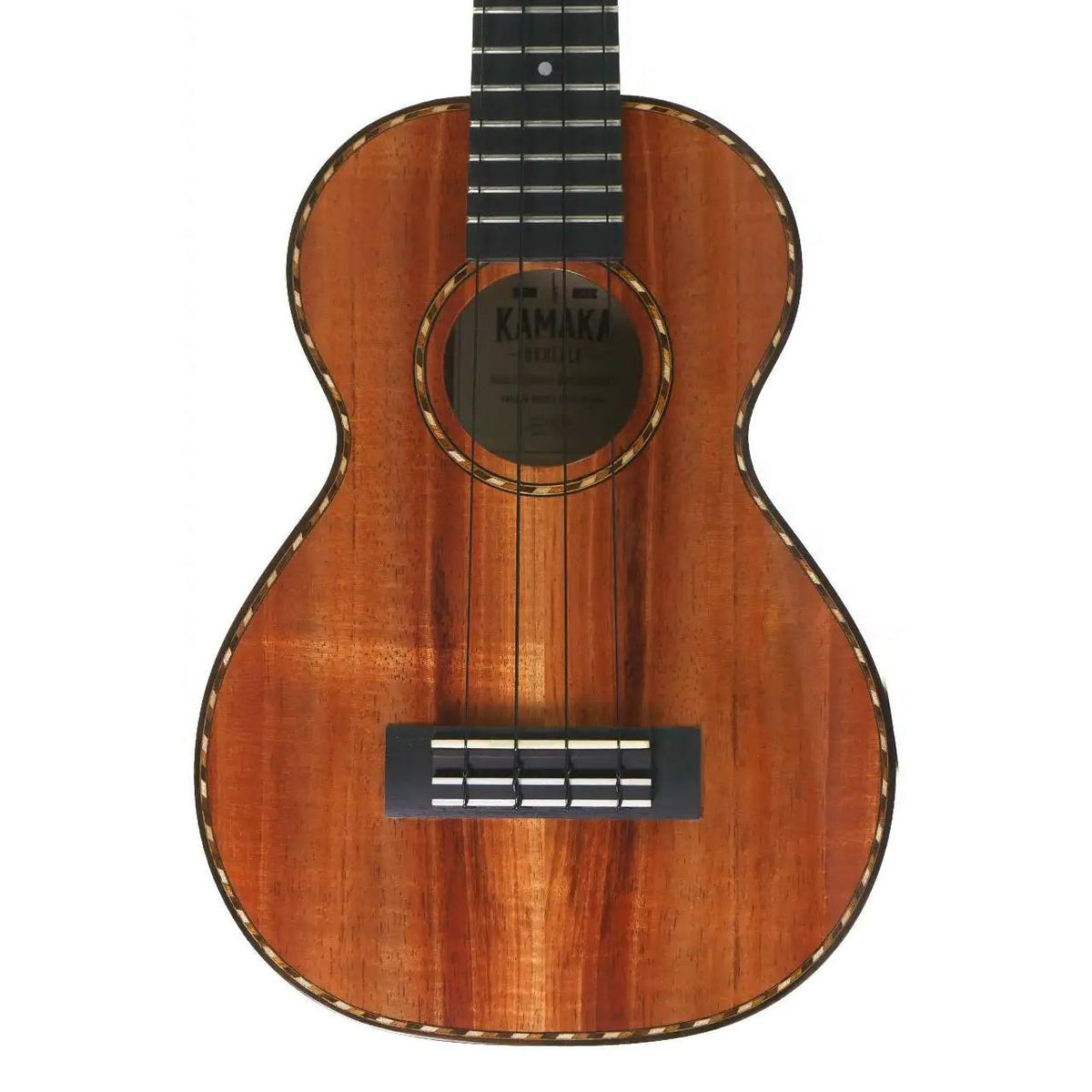 Kamaka HF-2-D concert ukulele body front showing curly koa top, rope purfling and rosette, and ebony bridge