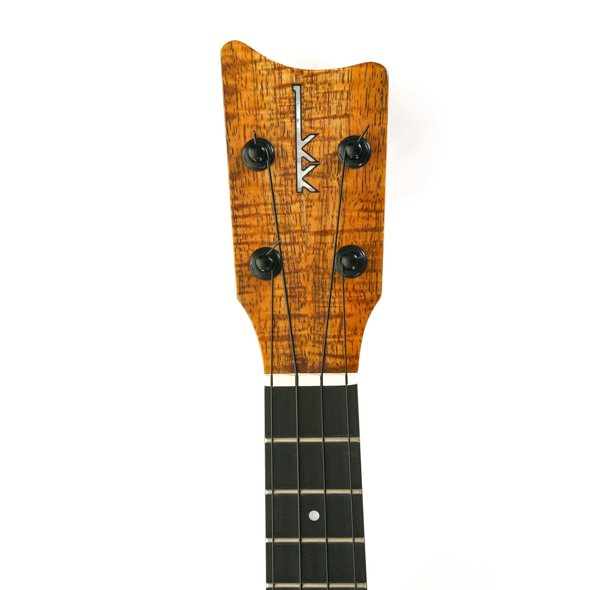 Kamaka HF-2-D concert ukulele headstock front with curly koa face, mother of pearl logo and Gotoh tuners