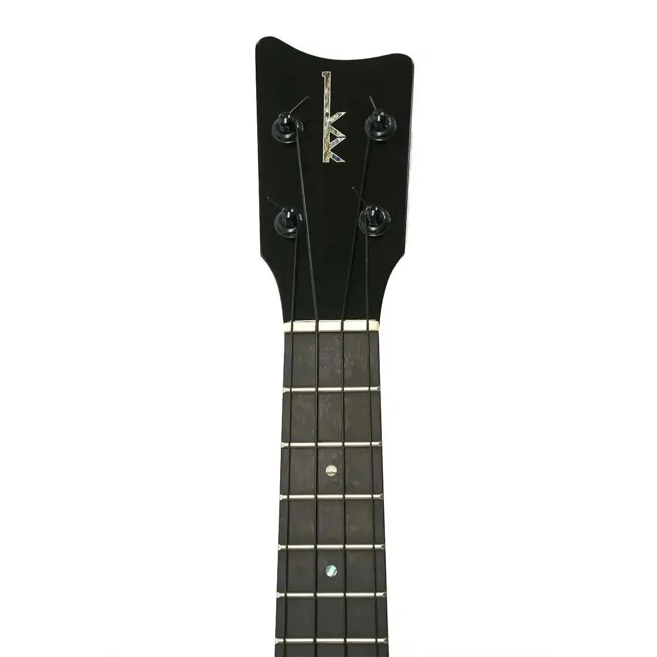 Kamaka HF-2-D2 Concert Ukulele headstock with black finish, Gotoh tuners, and iridescent logo.