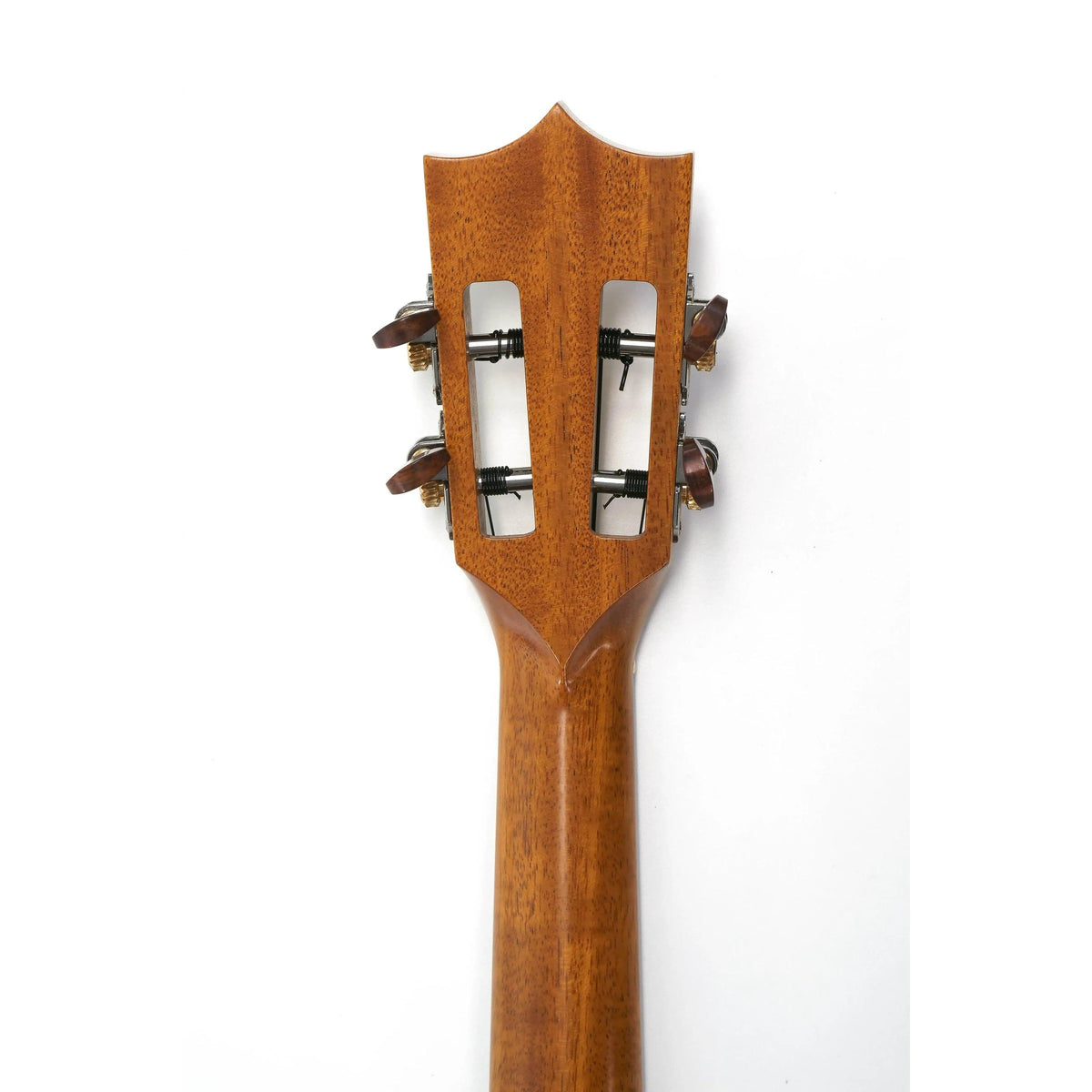 Kamaka HF-2Di concert ukulele slotted headstock back showing tuner slots and mahogany neck