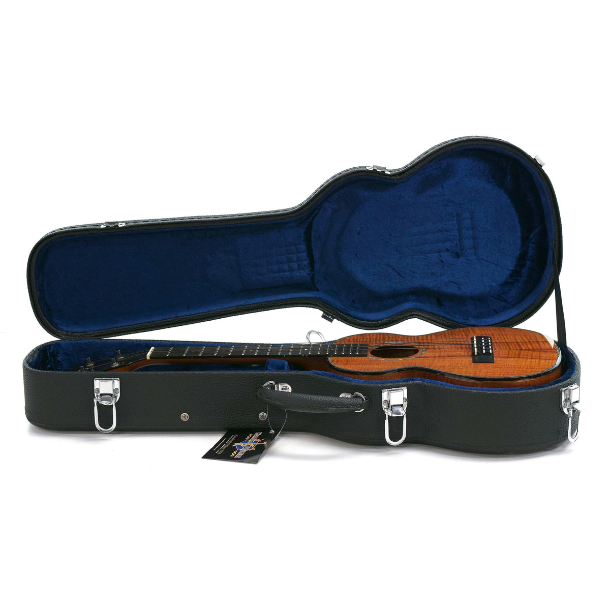 Open Kamaka hardshell case with blue lining holding the HF-3-D2 tenor ukulele