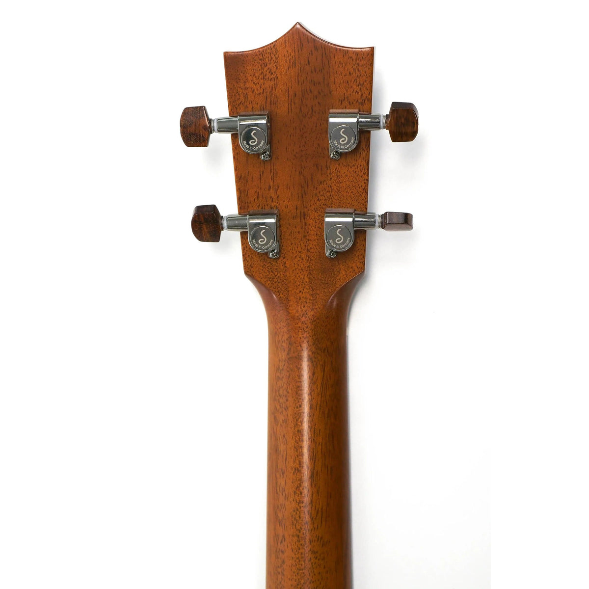Kamaka HF-3-D2 tenor ukulele headstock back showing mahogany neck and geared tuners