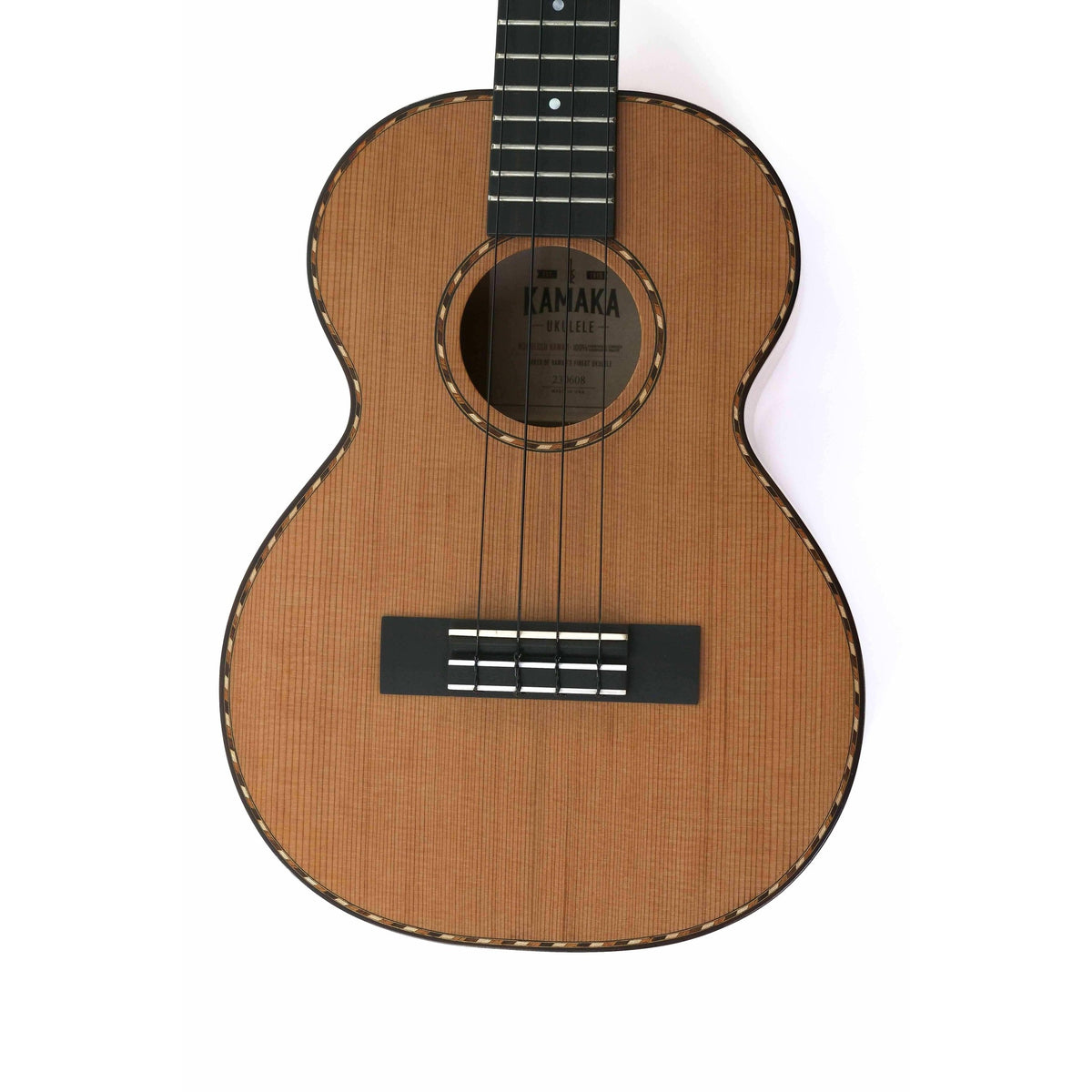 Kamaka HF-3-DC tenor ukulele body front showing cedar top, rope rosette, soundhole and ebony bridge