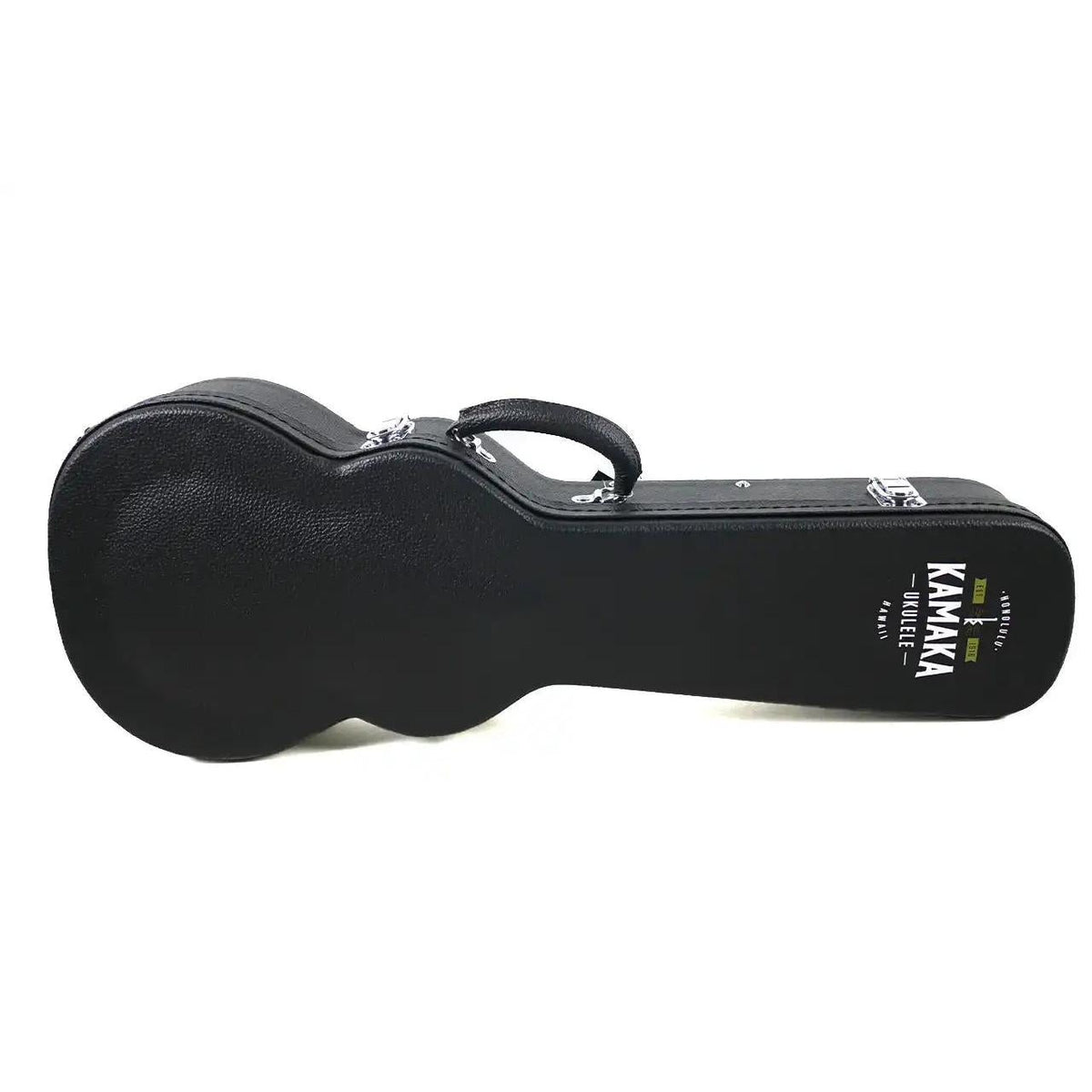 Kamaka black hardshell case for the HF-3i tenor ukulele, closed, with Kamaka logo