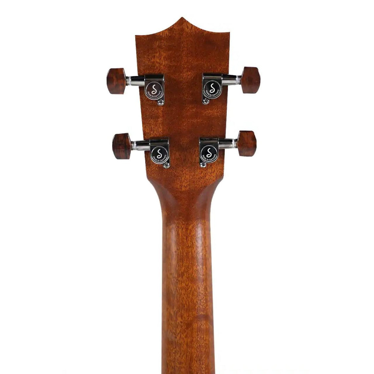 Kamaka HF-3 FEab+ tenor ukulele headstock back showing the wood neck and four tuners