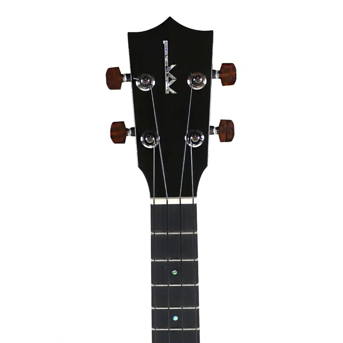 Kamaka HF-3 FEab+ tenor ukulele headstock front with black ebony face, abalone logo, tuners and ebony fretboard with abalone dots