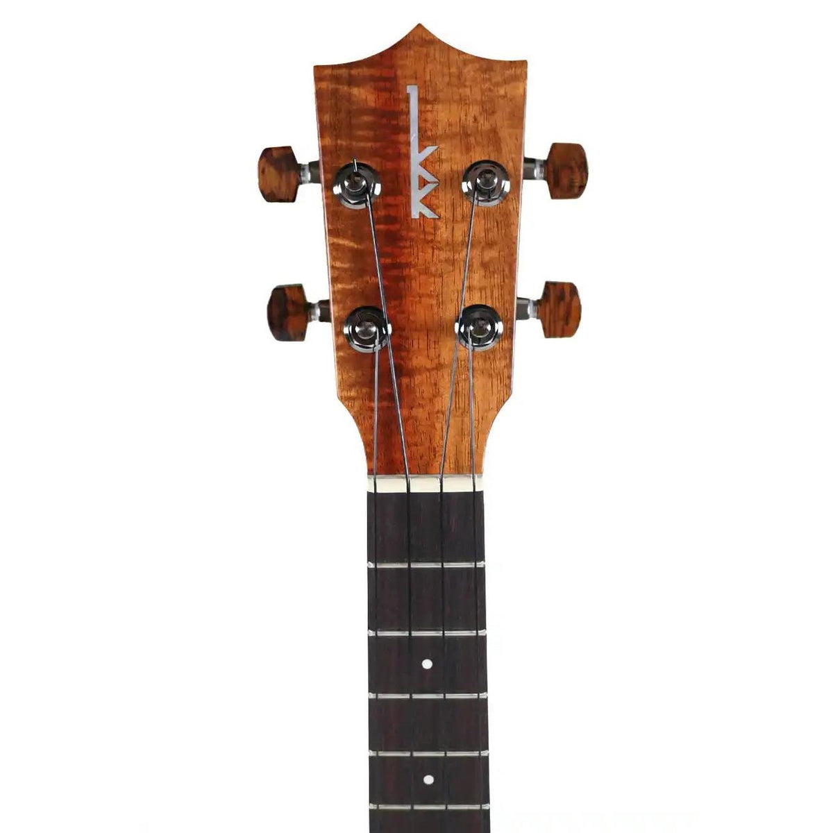 Kamaka HF-3 tenor ukulele headstock front with koa face, pearl logo and Schaller tuners with wood buttons