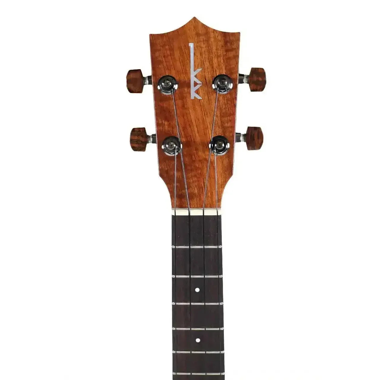Kamaka HF-3 tenor ukulele headstock with koa wood, pearl logo, and Schaller geared tuners.
