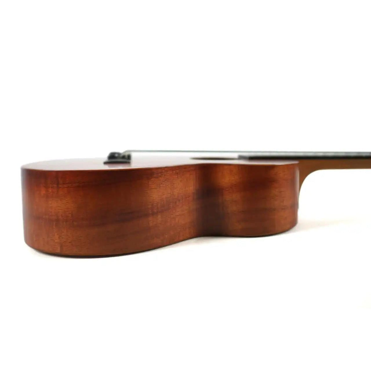 Kamaka HF-3i FEmop+ tenor ukulele side view showing the koa body depth