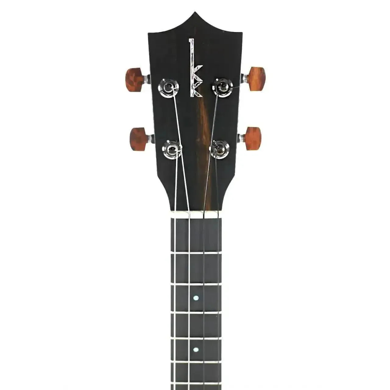 Kamaka HF-4 FEab Baritone Ukulele ebony headstock with abalone logo and mahogany neck.
