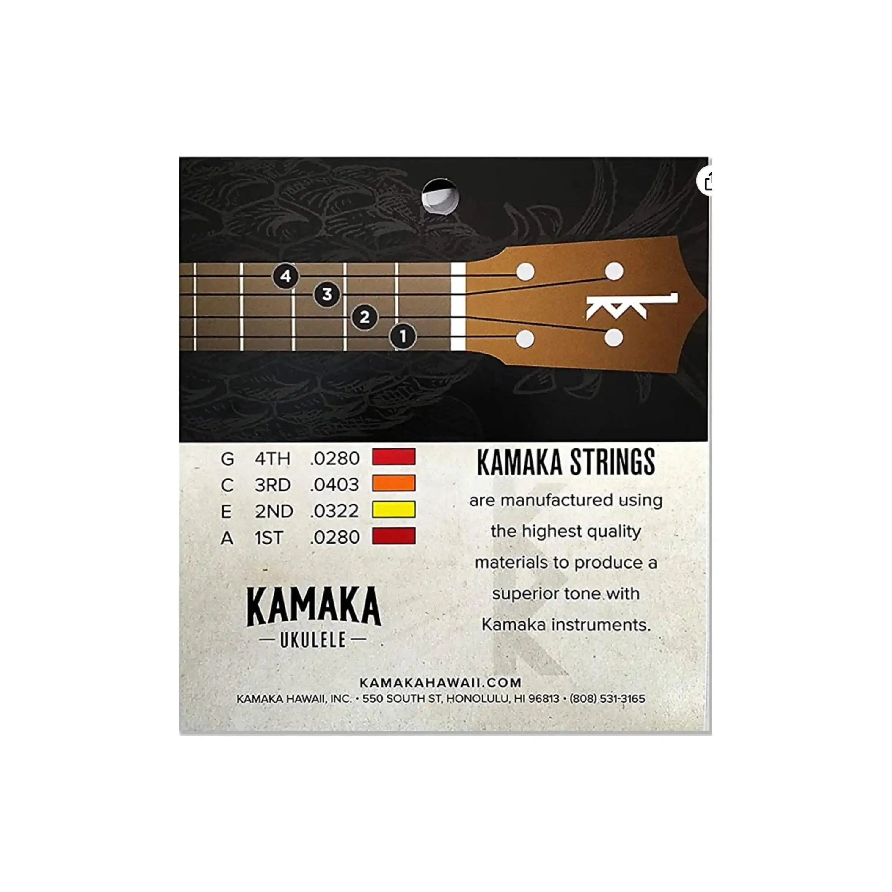 Kamaka S-1 black nylon ukulele strings packaging with fretboard diagram and string gauges.