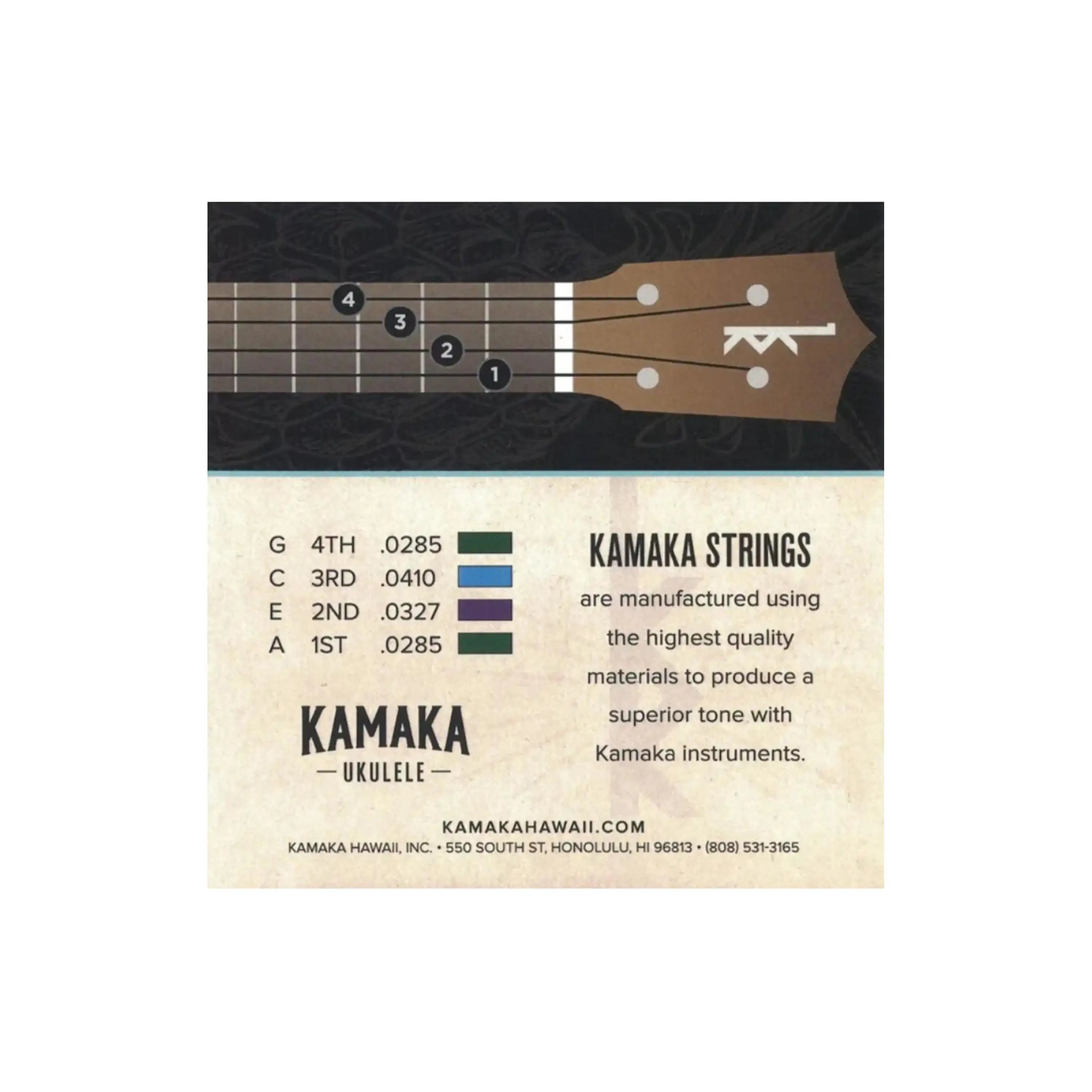 Kamaka S-3 black nylon tenor ukulele strings with high G, showing gauges and fretboard diagram.