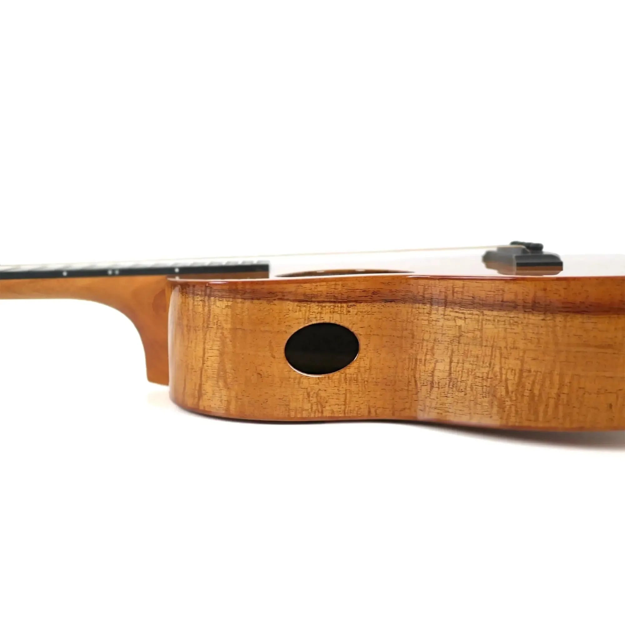 Kanile'a D-1 Pro Tenor Ukulele side view, showing Hawaiian koa wood, UV gloss finish, and oval sound port.