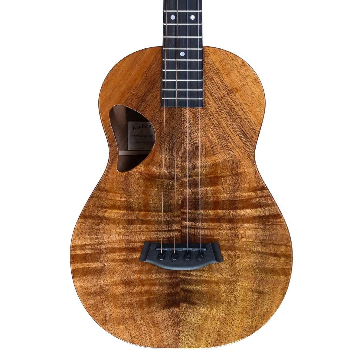 Example photo: an earlier Kanile'a D-1 baritone with a UV gloss finish, body front with D-shaped soundhole and ebony bridge