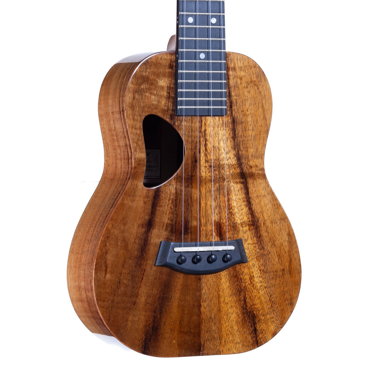Kanile'a D-1 Core concert ukulele serial 30305, angled close-up of the koa top, ebony bridge and soundhole