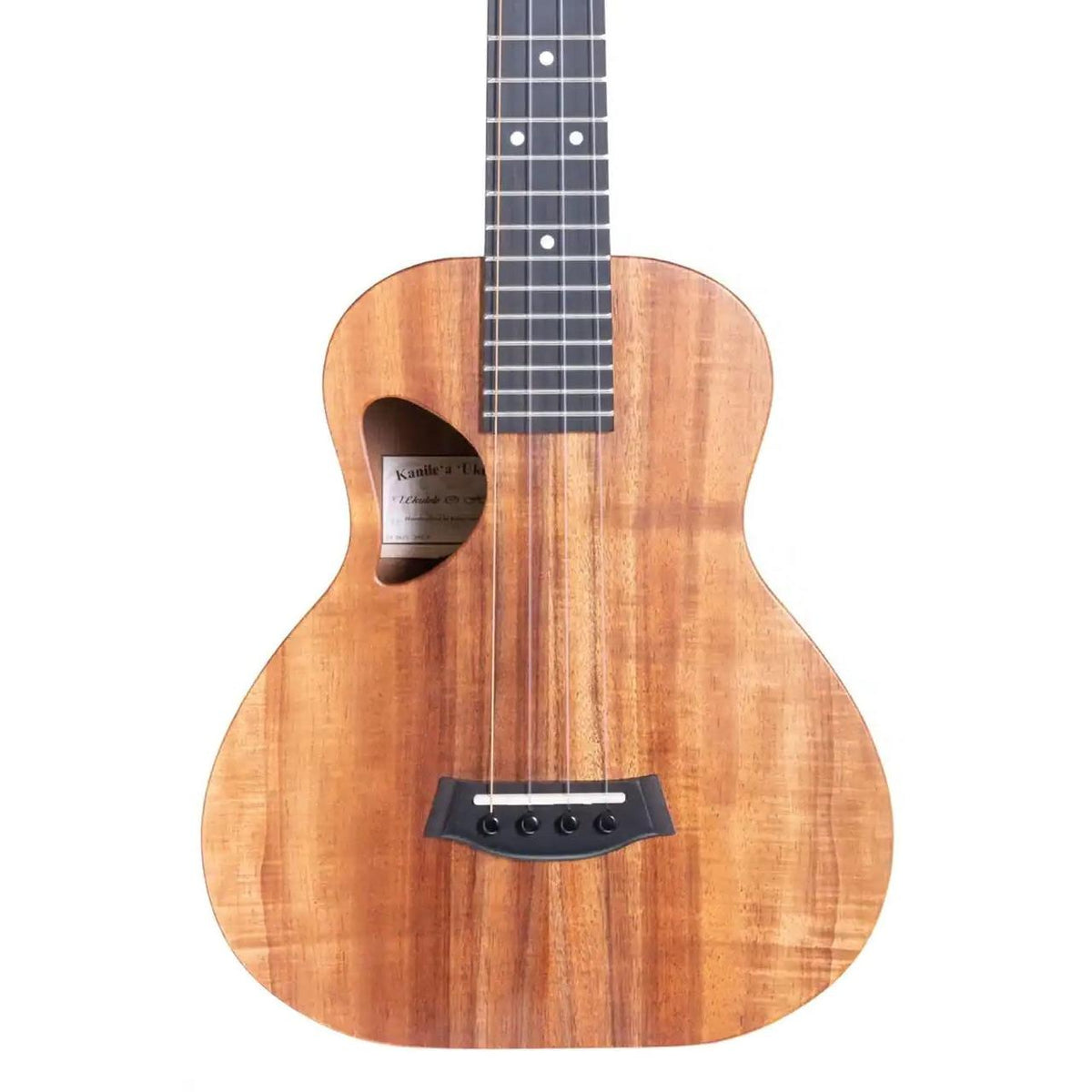 Example photo: an earlier Kanile'a D-1 Natural 19 inch super tenor, body front with Select Grade koa top and D-shaped soundhole