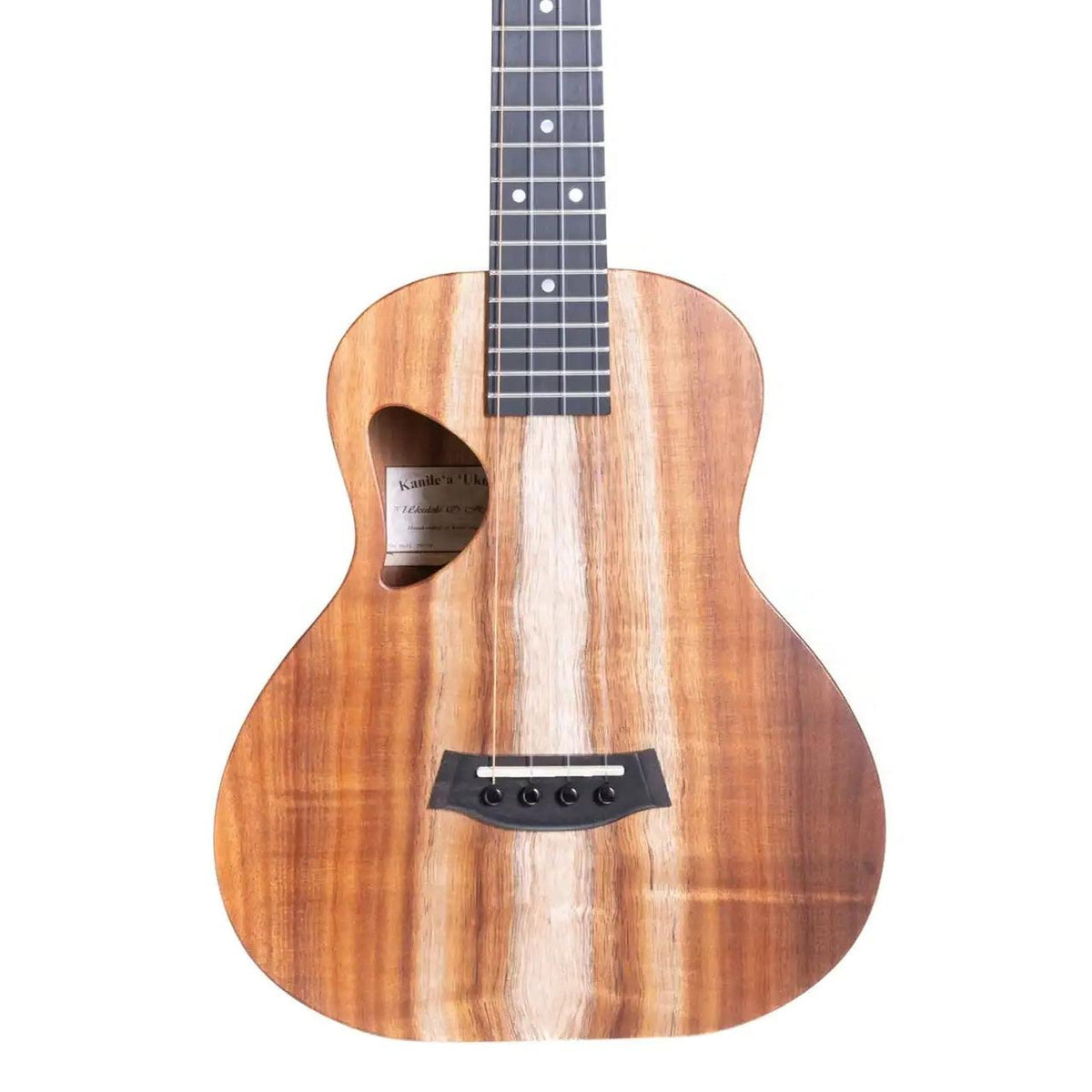 Example photo: an earlier Kanile'a D-1 Natural super tenor, body front with Select Grade koa top and D-shaped soundhole
