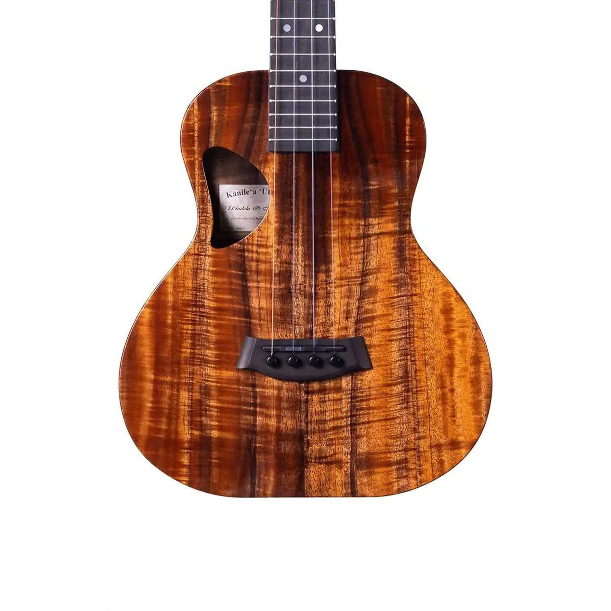 Example photo: an earlier Kanile'a D-1 Pro super tenor, body front with Premium Grade koa, D-shaped soundhole and ebony bridge