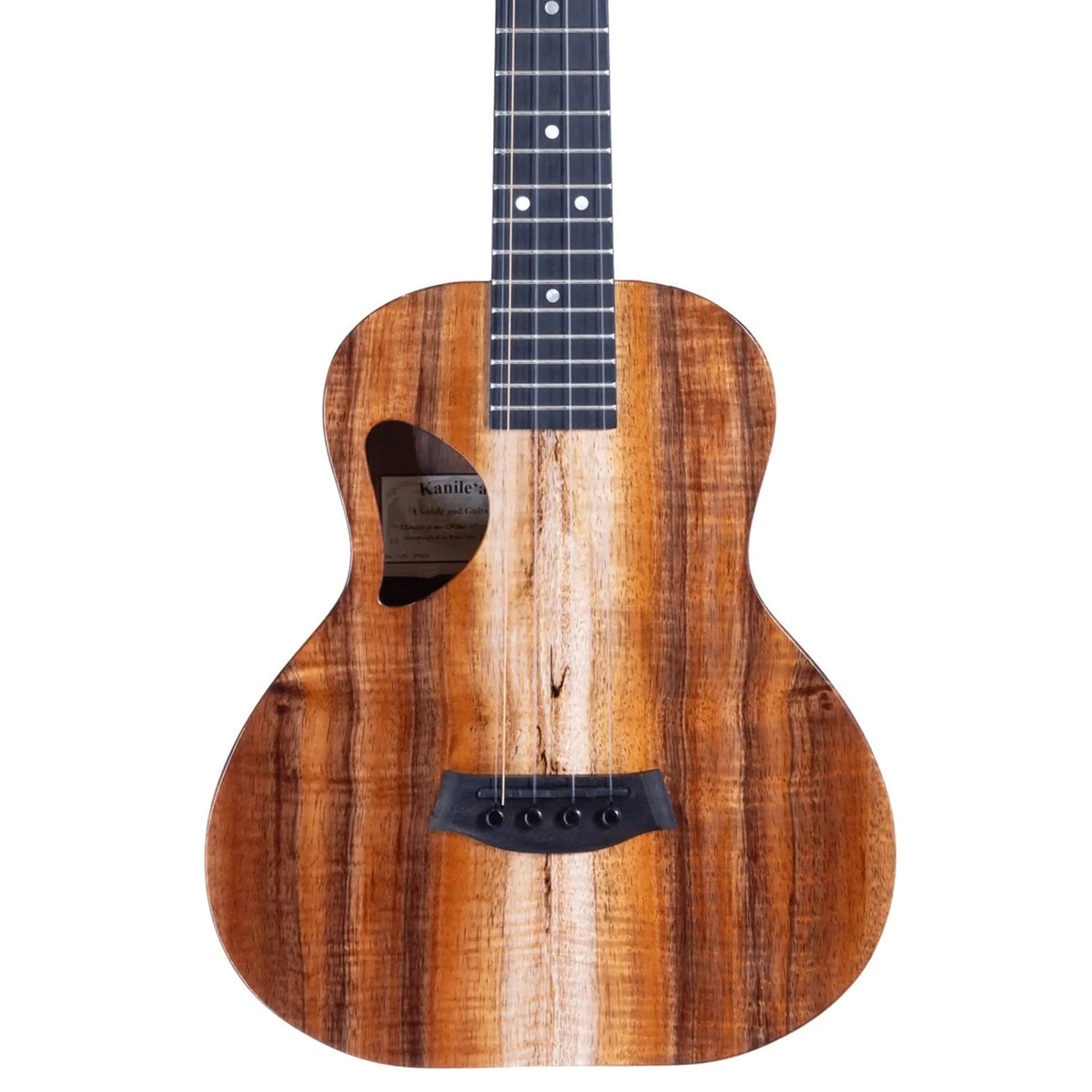 Example photo: an earlier Kanile'a D-1 Pro 5-string super tenor, body front with Premium Grade koa, D-shaped soundhole and ebony bridge