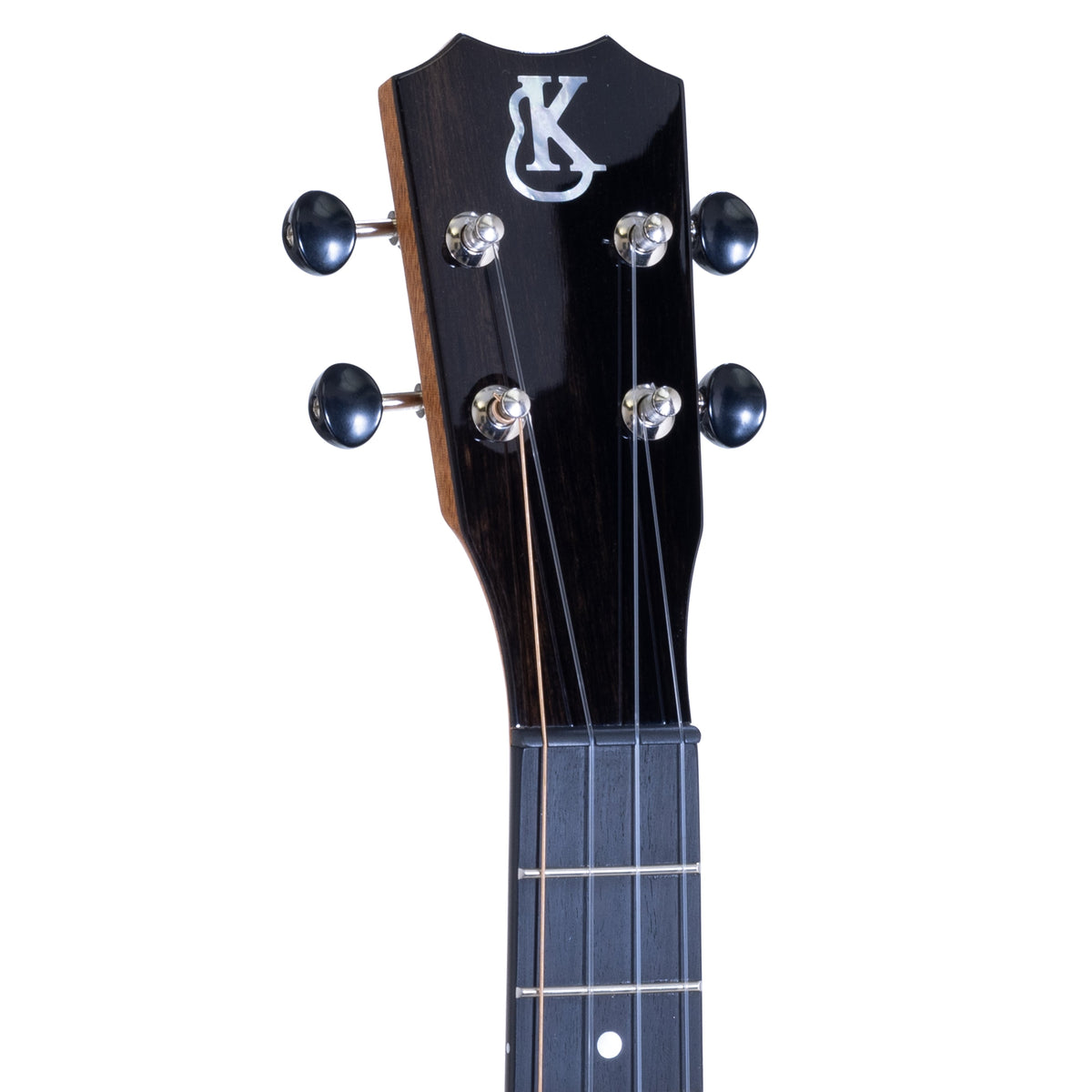 Ebony crown headstock with white mother-of-pearl Kanile'a logo and chrome open gear tuners on serial 30186