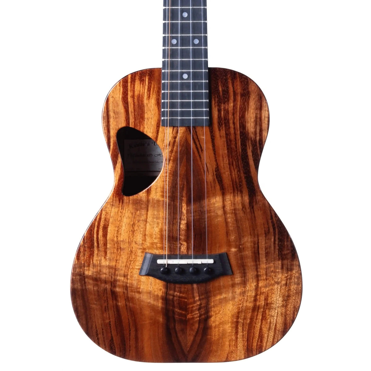 Example photo: an earlier Kanile'a D-1 Core 5-string tenor, body front with Deluxe Grade koa top and D-shaped soundhole
