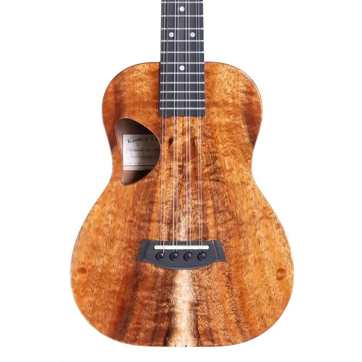 Example photo: an earlier Kanile'a D-1 Core 8-string tenor, body front with Deluxe Grade koa top and D-shaped soundhole