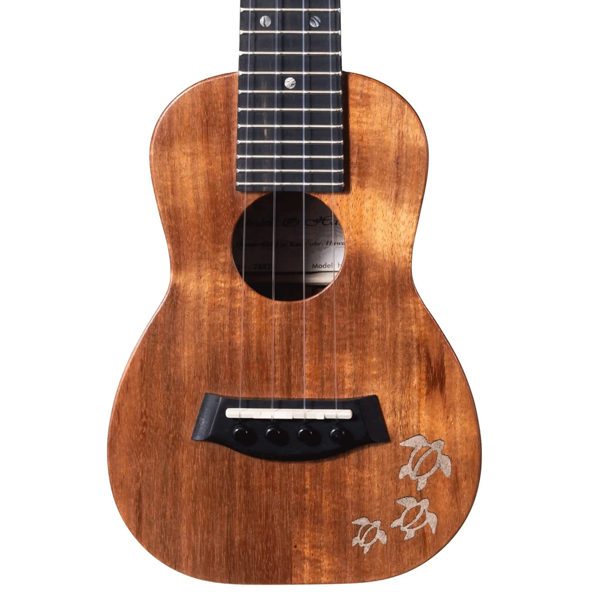 Example photo: an earlier Kanile'a HNS Natural soprano, serial 28828, body front with Kailua beach sand honu inlay