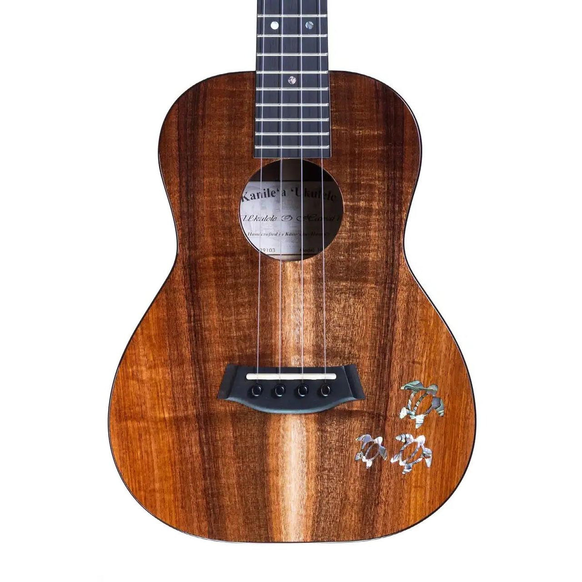 Example photo: an earlier Kanile'a HNS Pro tenor, serial 29103, body front with Premium Grade koa and Paua abalone honu inlay